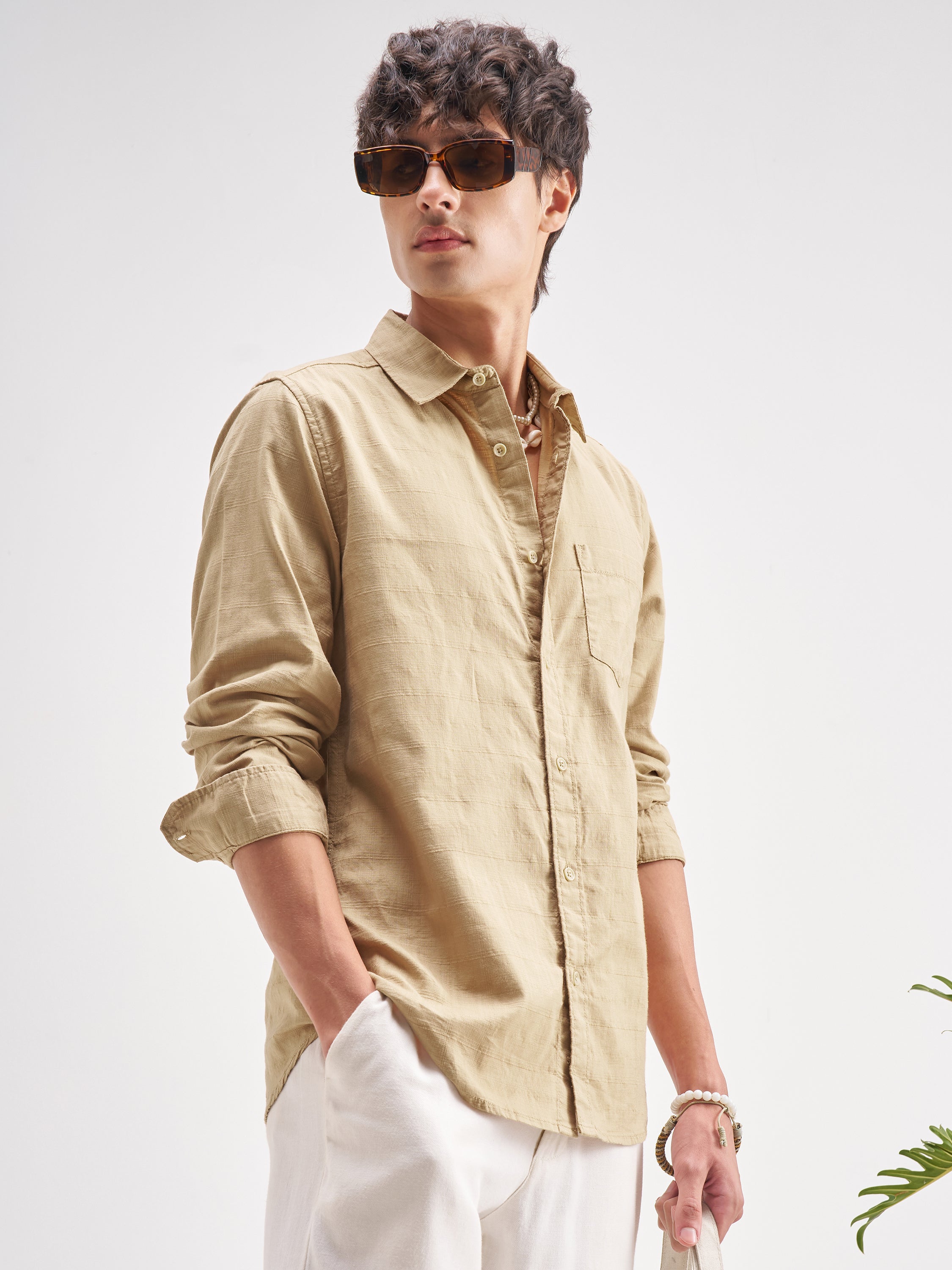 Highlander Men Beige Self Design Regular Fit Casual Shirt - Beige - Image 6