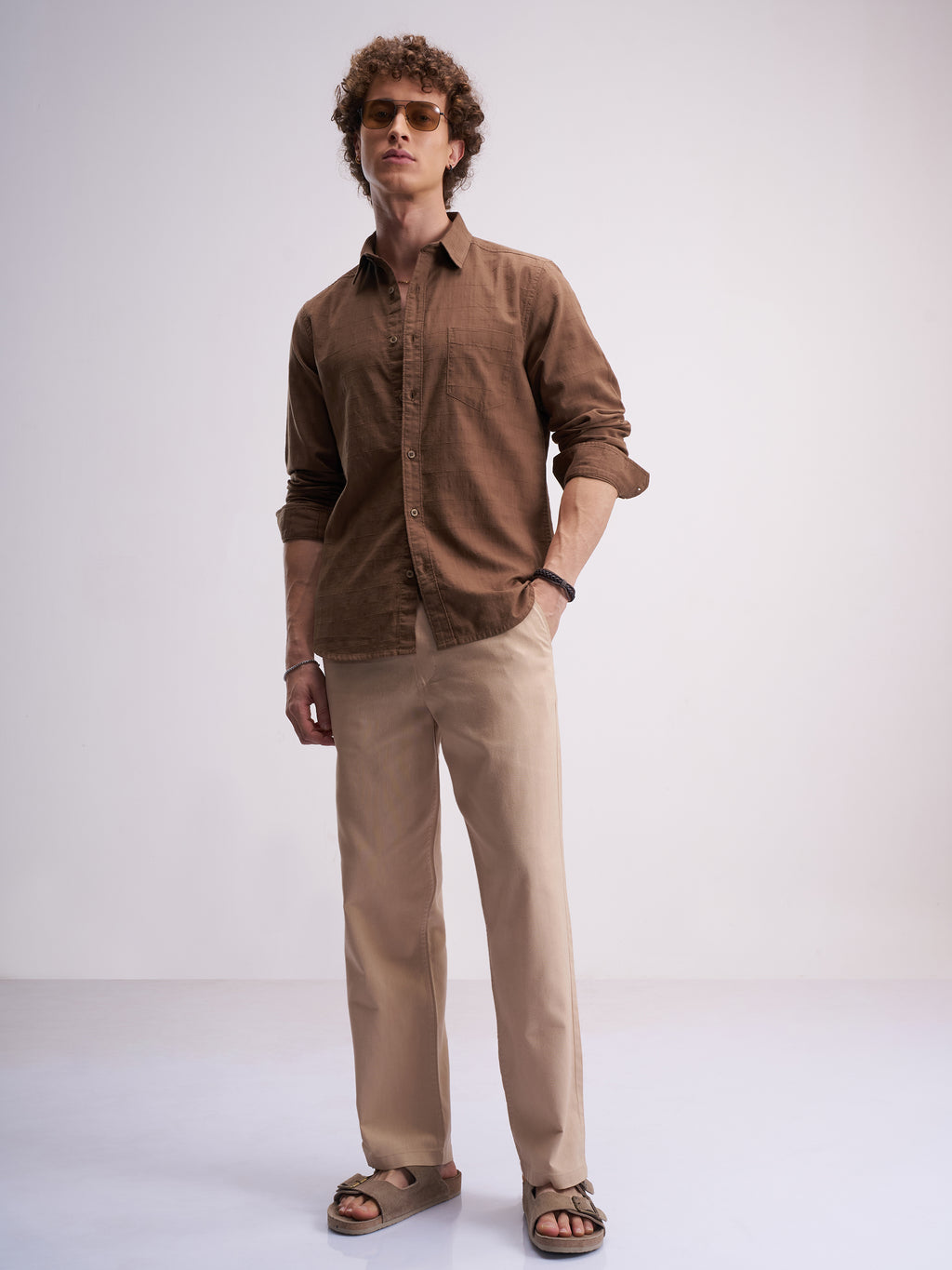 Highlander Men Brown Self Design Slim Fit Casual Shirt - Brown - Image 2