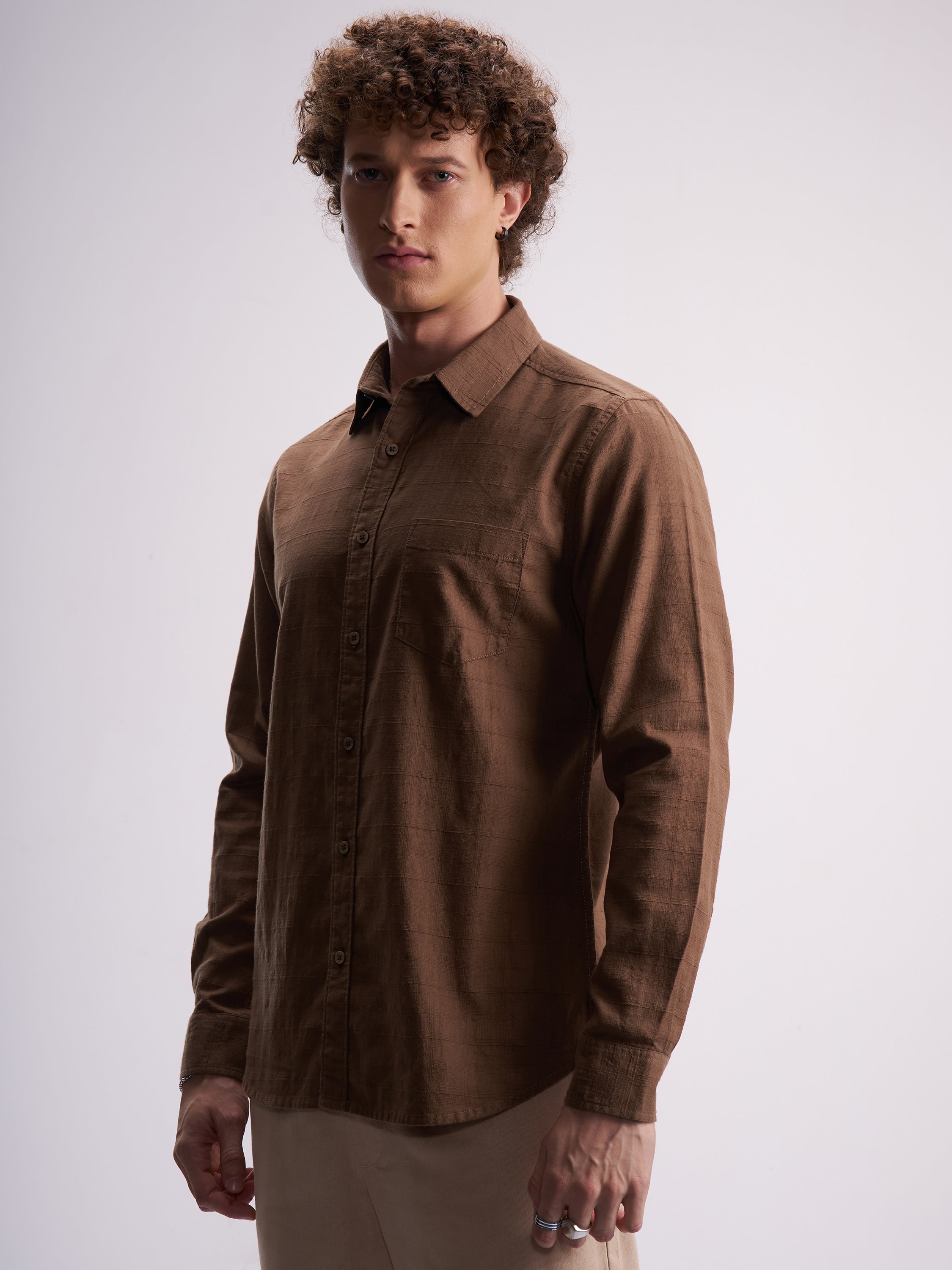 Highlander Men Brown Self Design Slim Fit Casual Shirt - Brown - Image 4