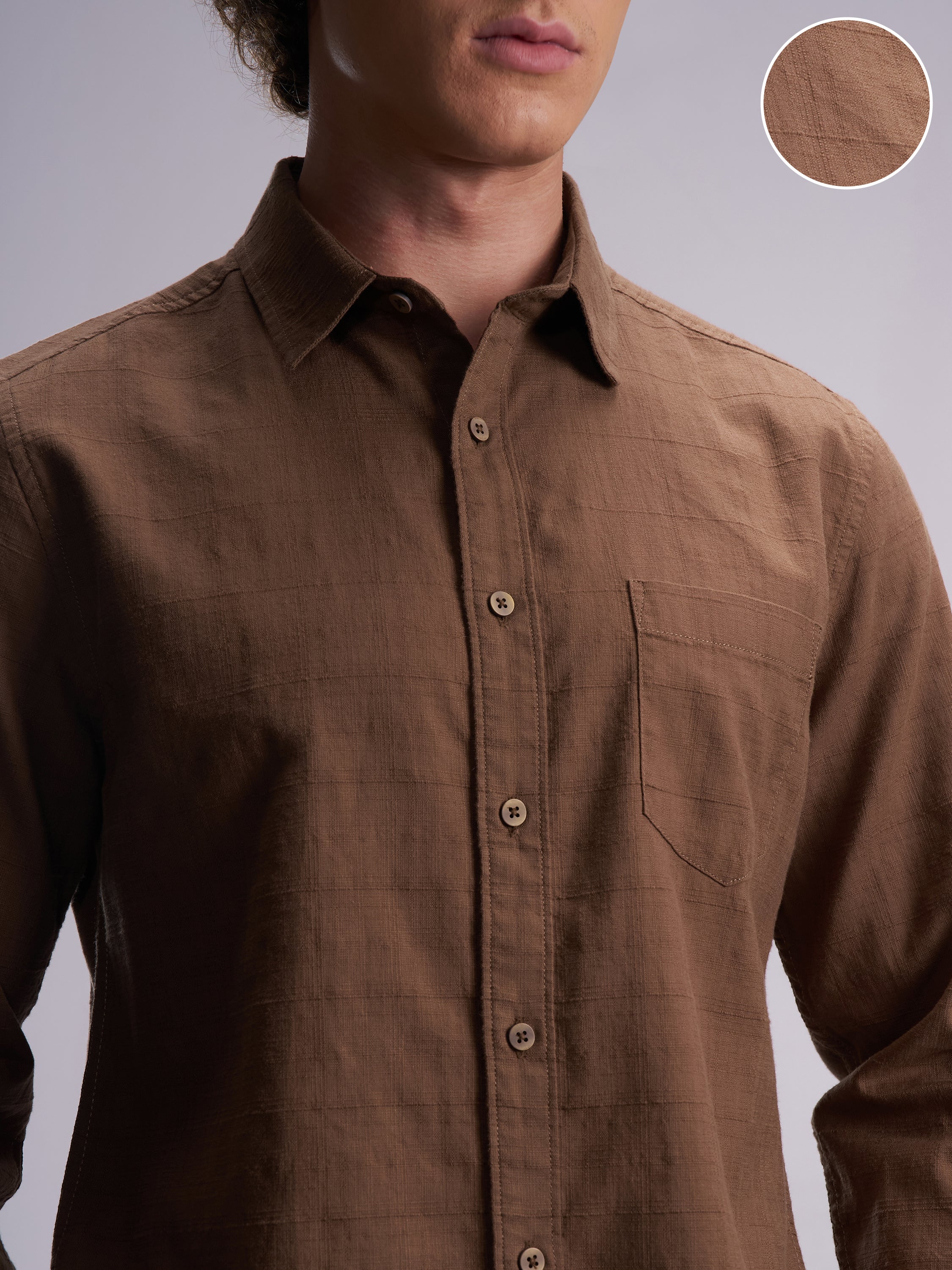 Highlander Men Brown Self Design Slim Fit Casual Shirt - Brown - Image 5