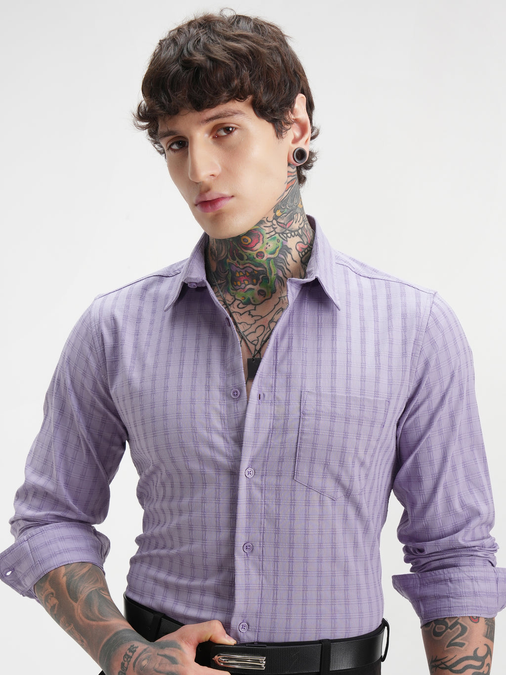 Highlander Men Lavender Self Design Slim Fit Casual Shirt - Lavender - Image 1
