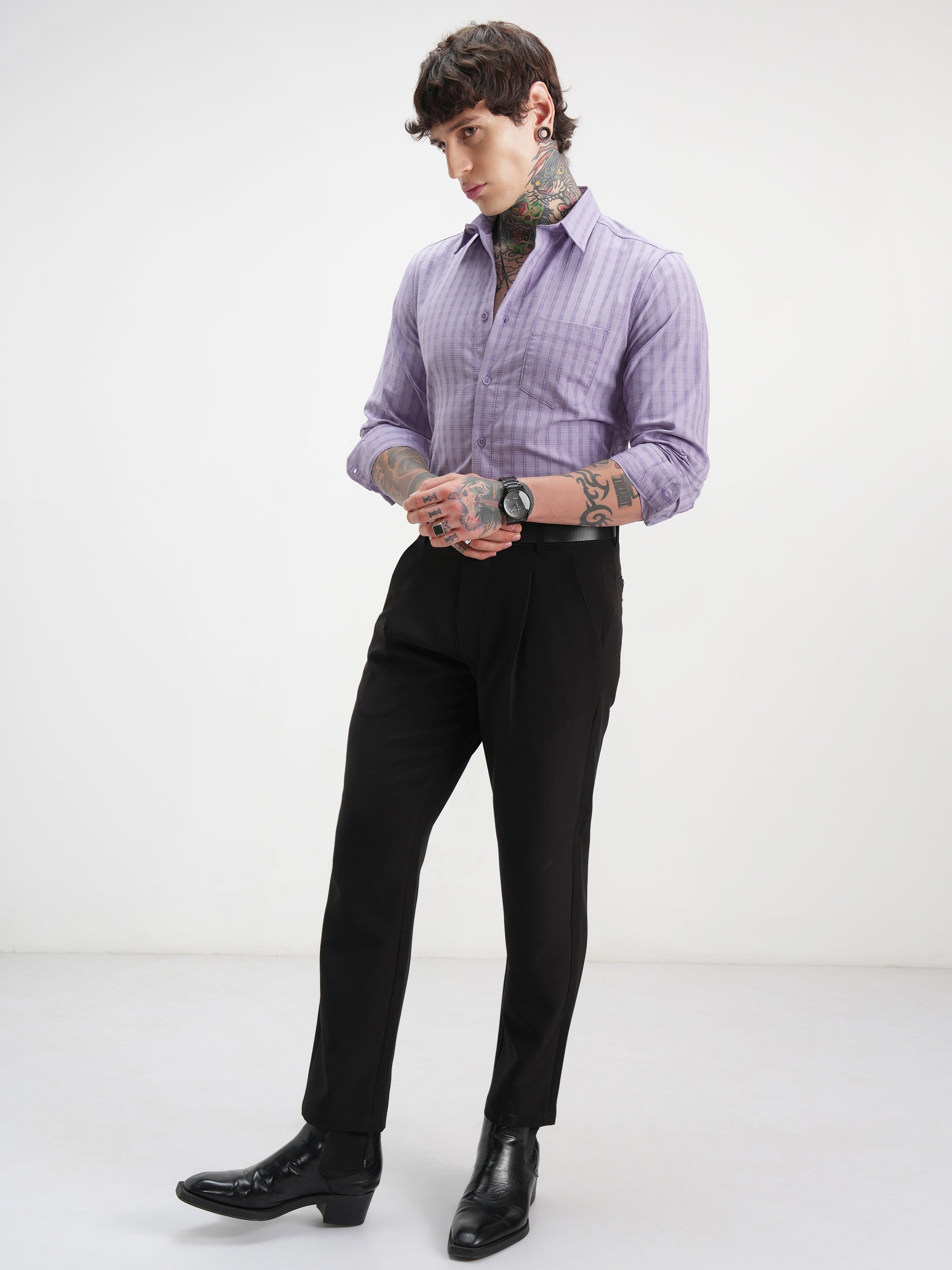 Highlander Men Lavender Self Design Slim Fit Casual Shirt - Lavender - Image 2