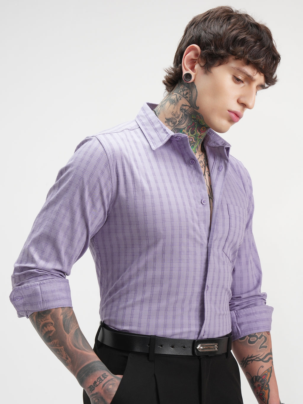 Highlander Men Lavender Self Design Slim Fit Casual Shirt - Lavender - Image 6