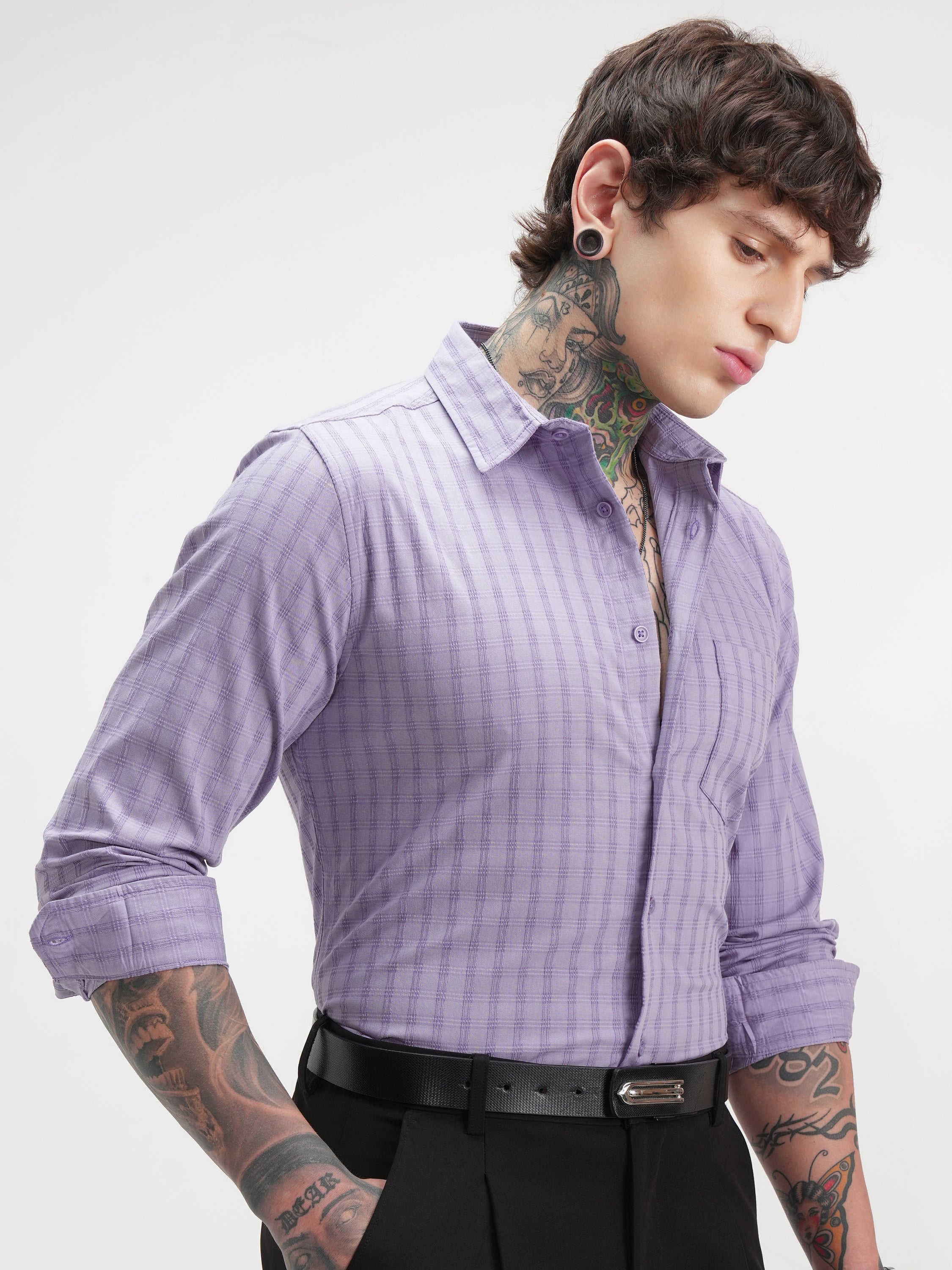 Highlander Men Lavender Self Design Slim Fit Casual Shirt - Lavender - Image 6