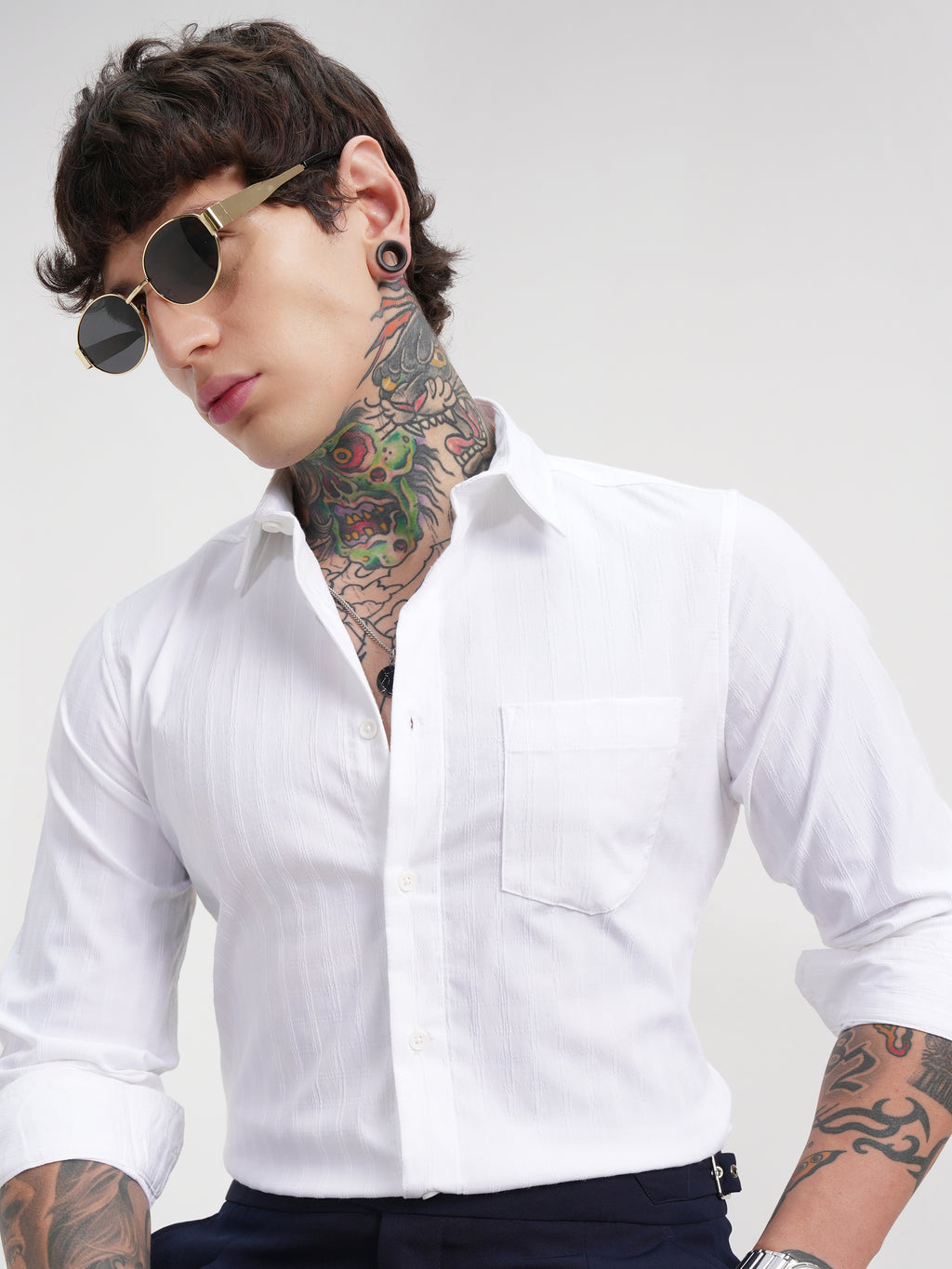 Highlander Men White Self Design Slim Fit Casual Shirt - White - Image 1