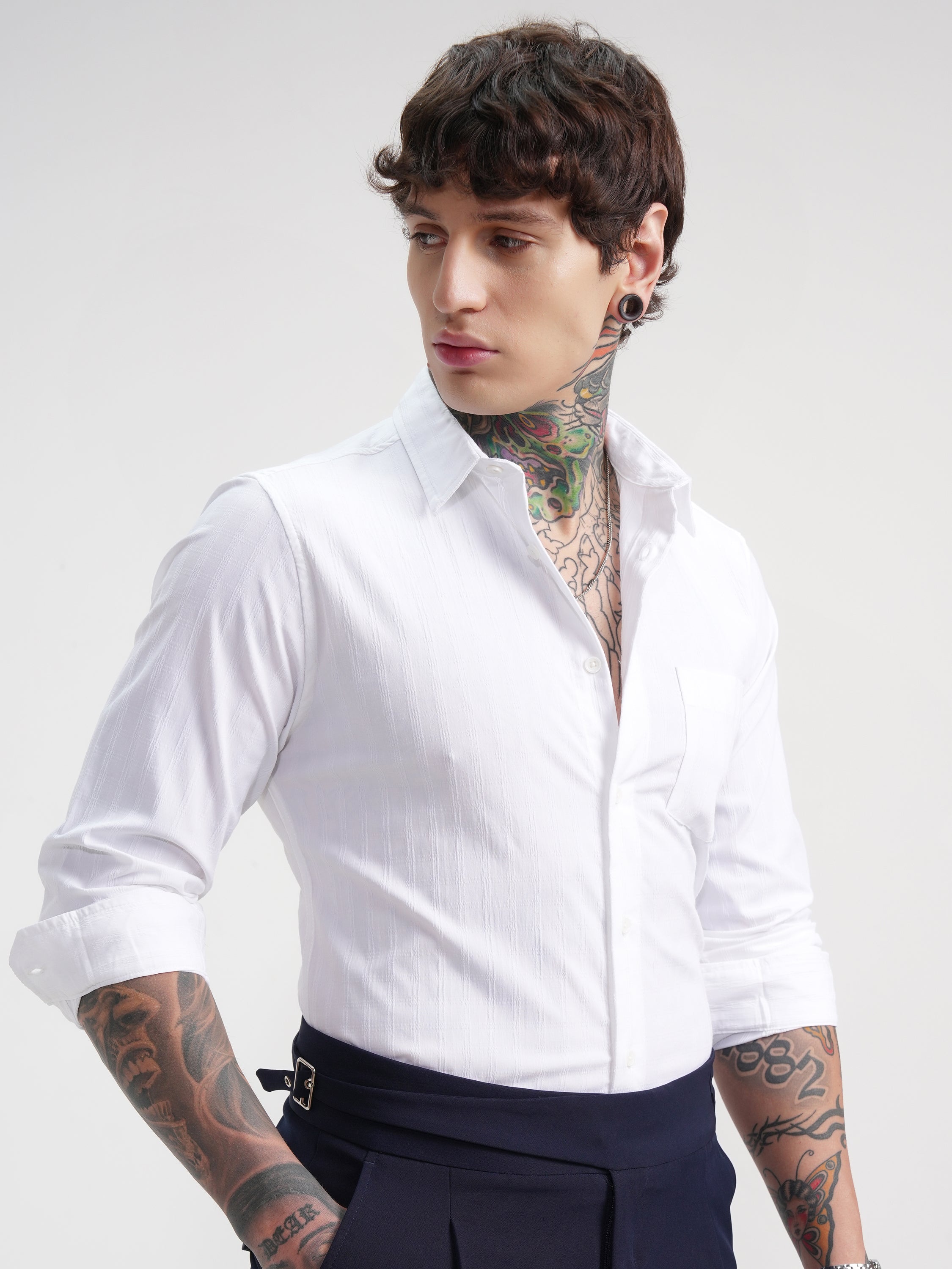 Highlander Men White Self Design Slim Fit Casual Shirt - White - Image 6