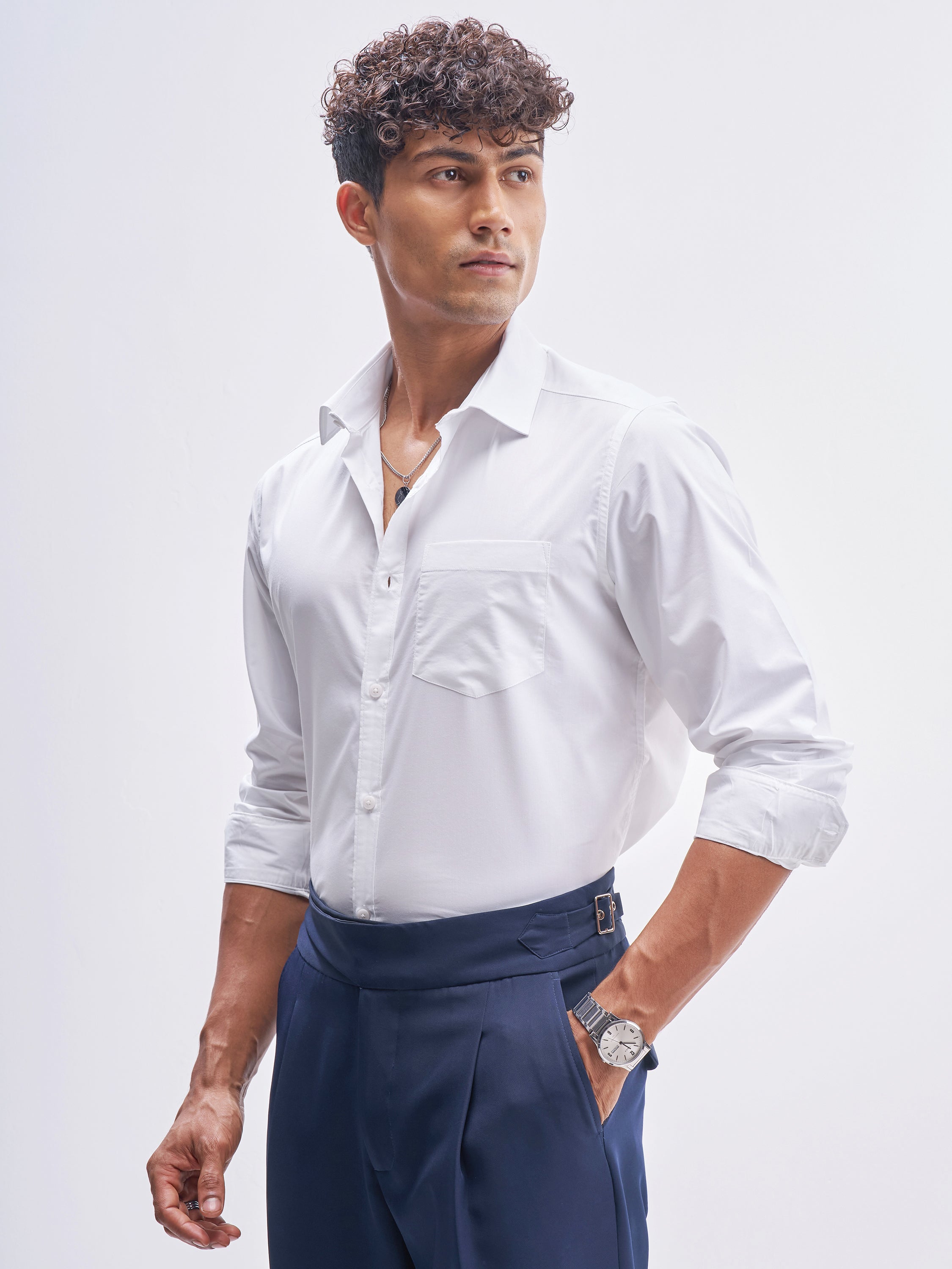 Highlander Men White Solid Slim Fit Casual Shirt - White - Image 4