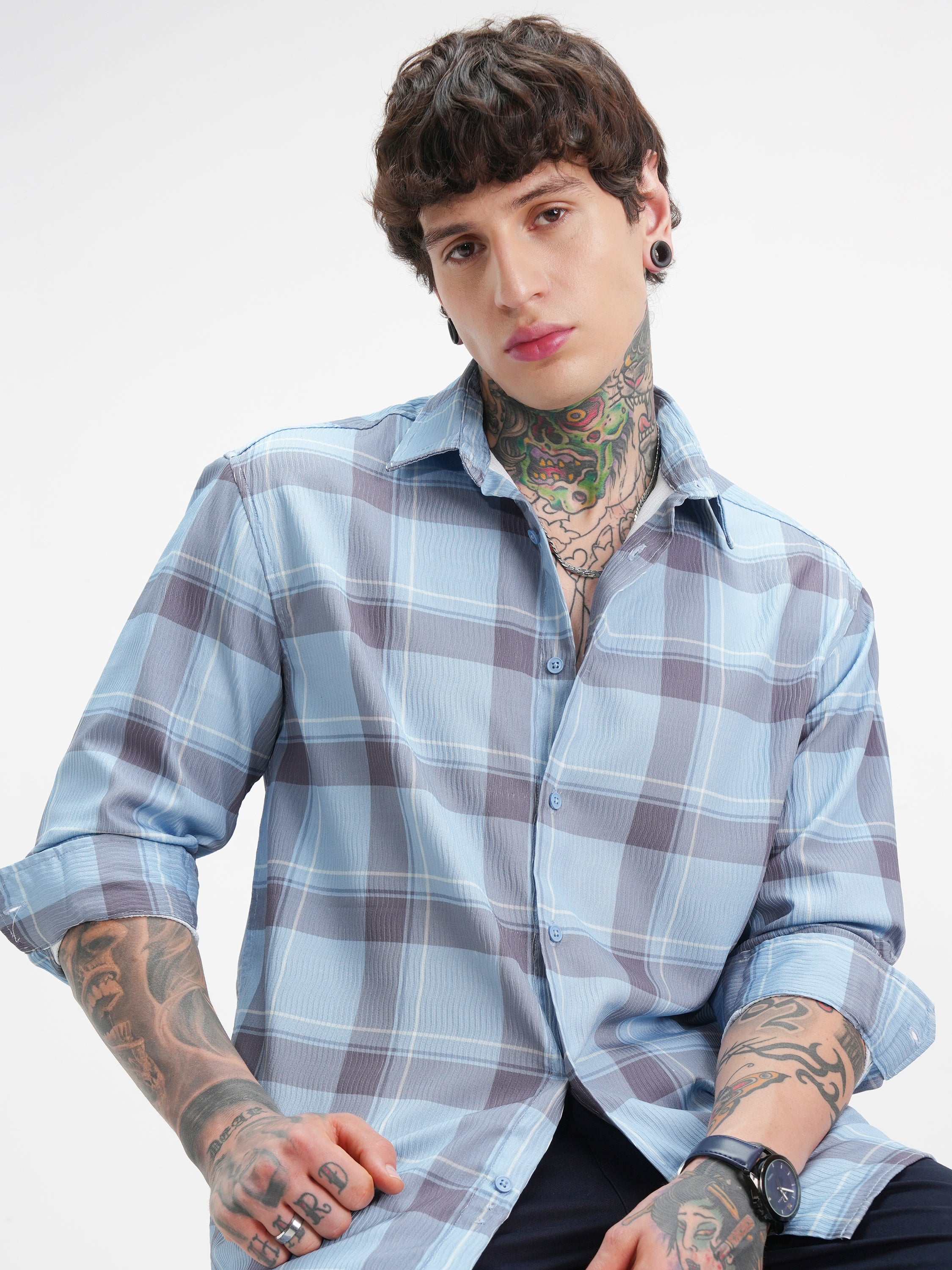 Highlander Men Blue Checked Relaxed Fit Casual Shirt - Blue - Image 1