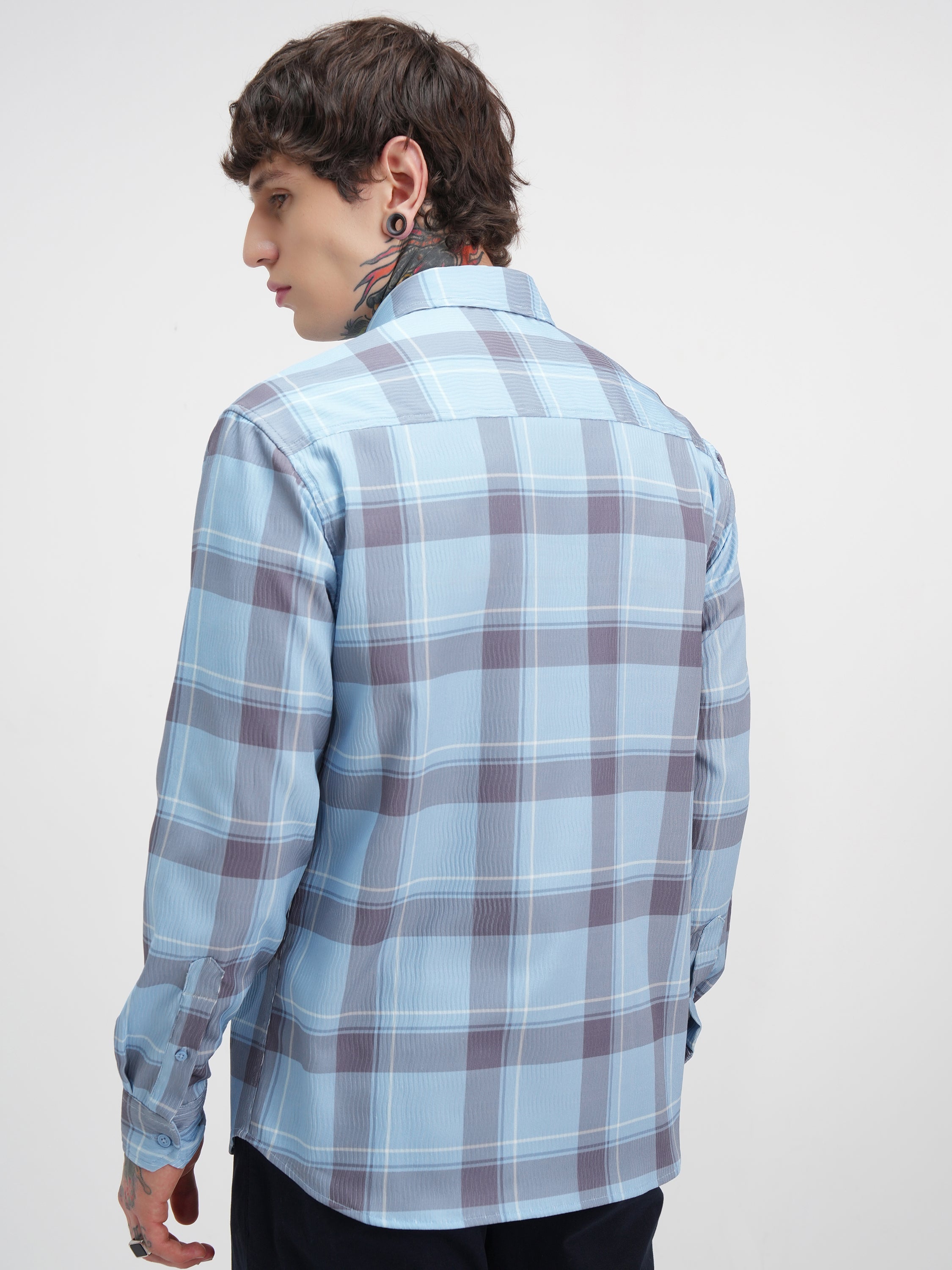 Highlander Men Blue Checked Relaxed Fit Casual Shirt - Blue - Image 3