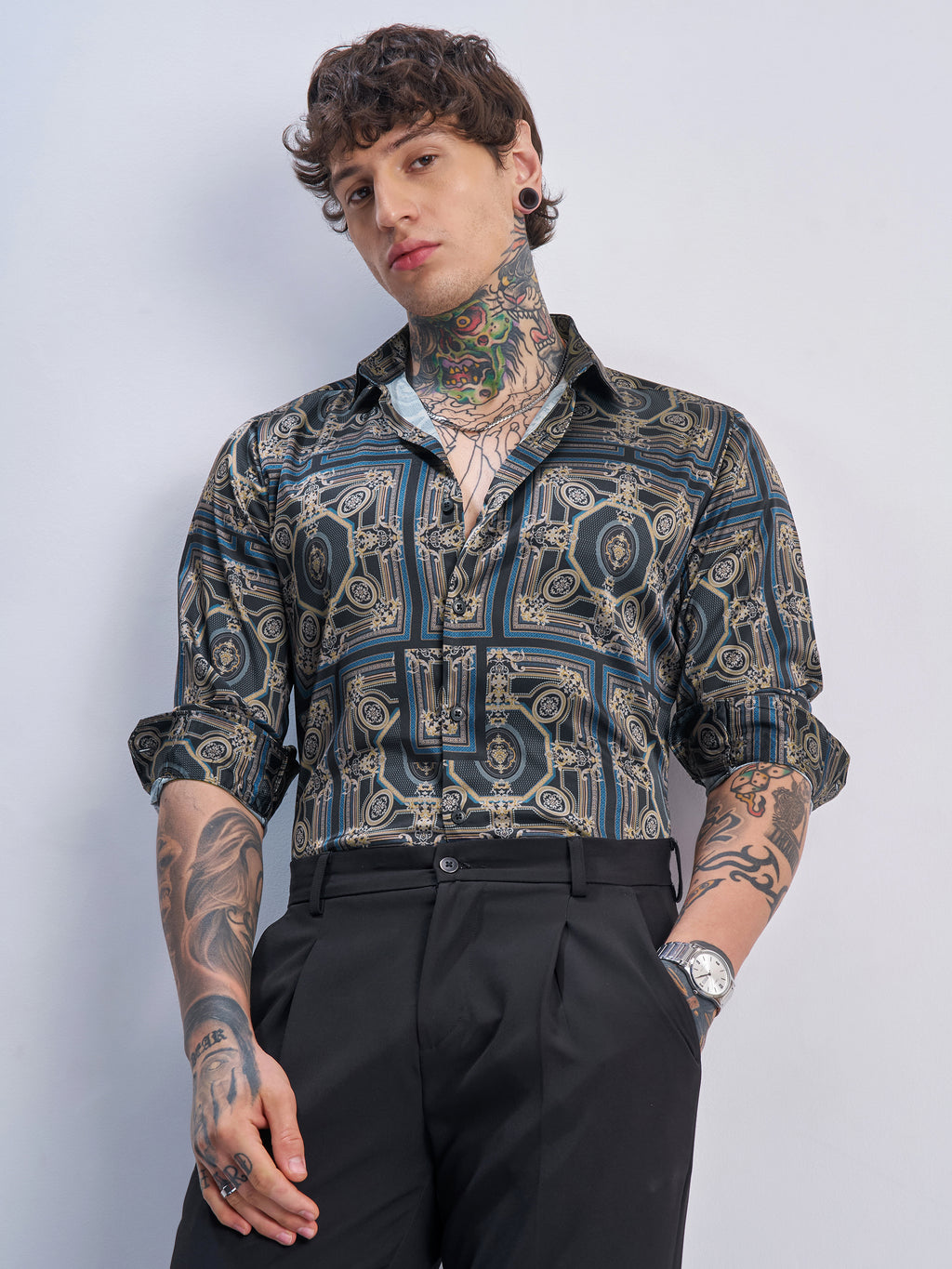 Highlander Men Navy Blue Printed Slim Fit Casual Shirt - Navy Blue - Image 1