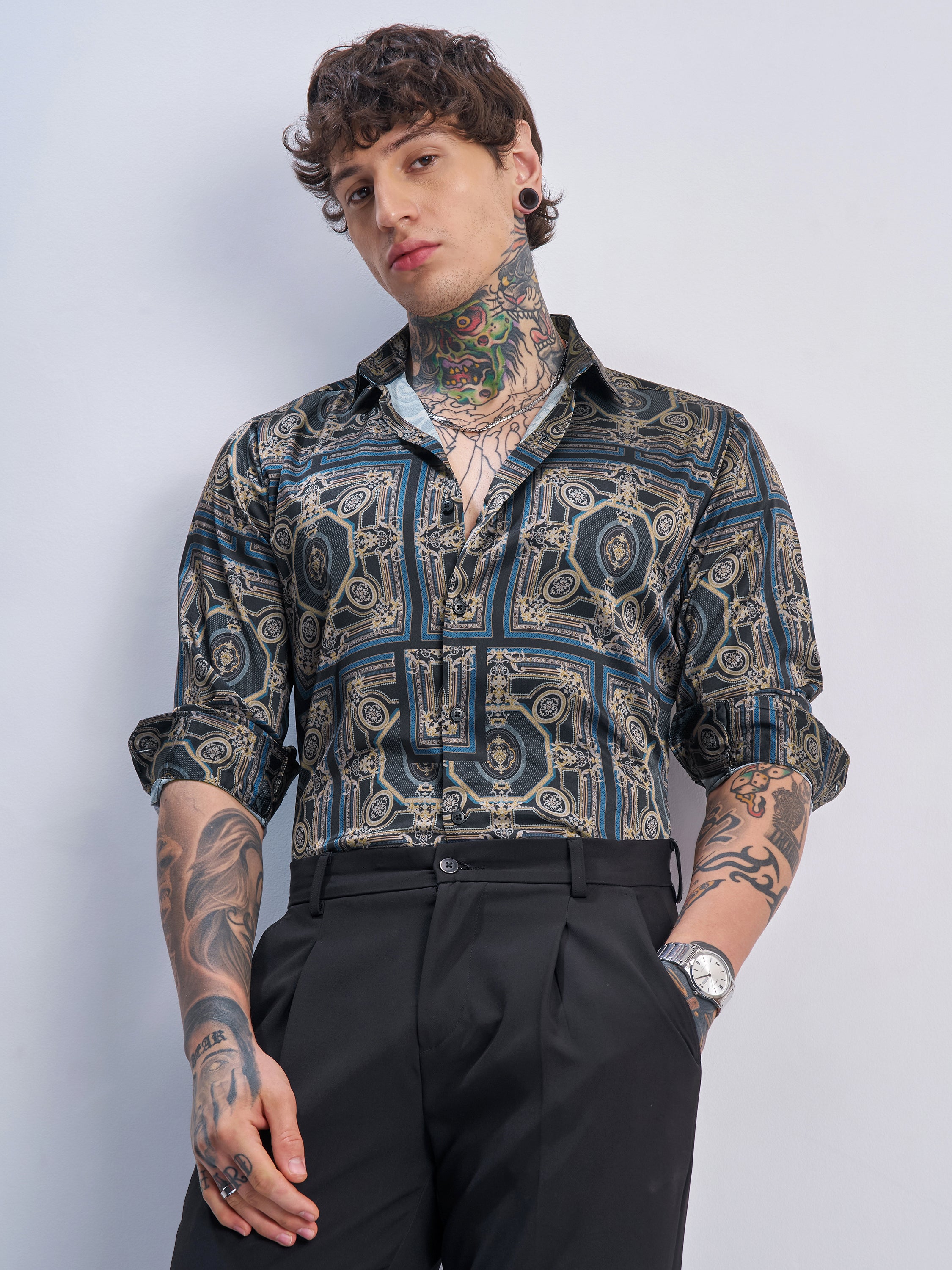 Highlander Men Navy Blue Printed Slim Fit Casual Shirt - Navy Blue - Image 1