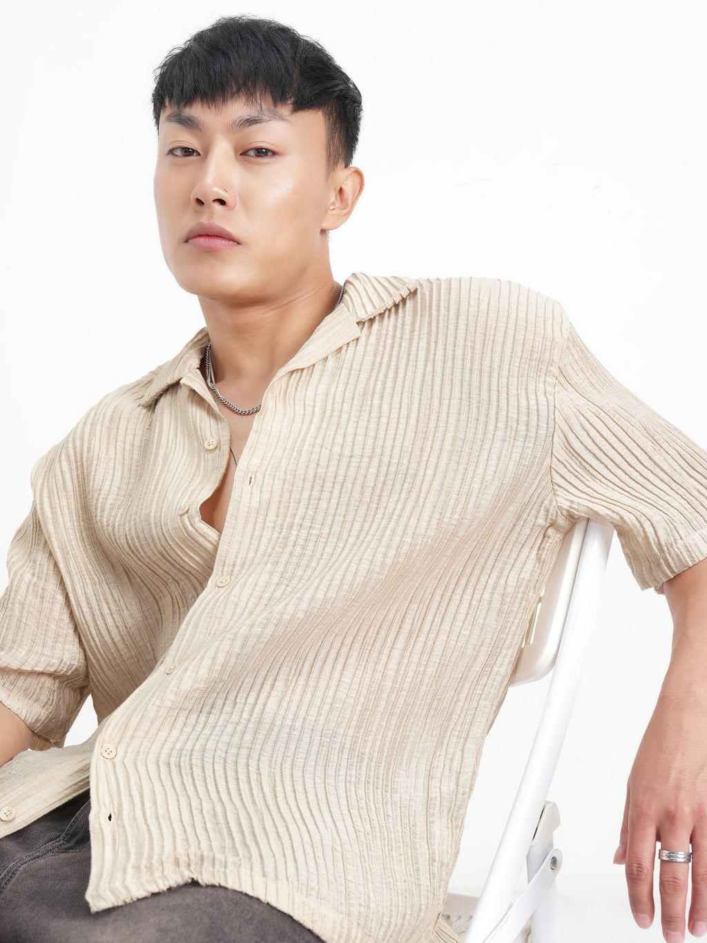 Highlander Men Cream Crushed Relaxed Fit Casual Shirt - Cream - Image 1