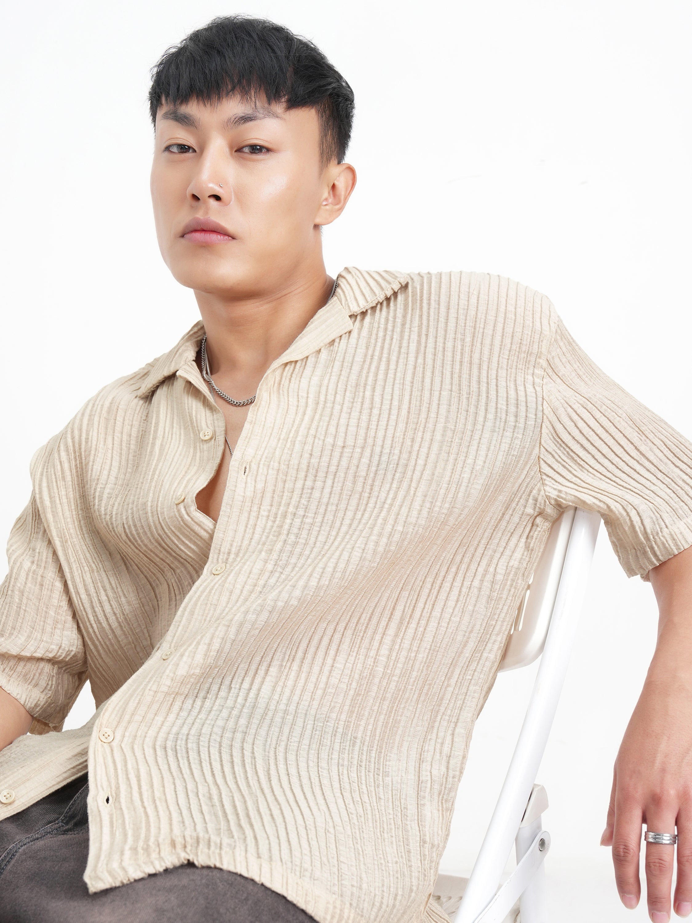Highlander Men Cream Crushed Relaxed Fit Casual Shirt - Cream - Image 1