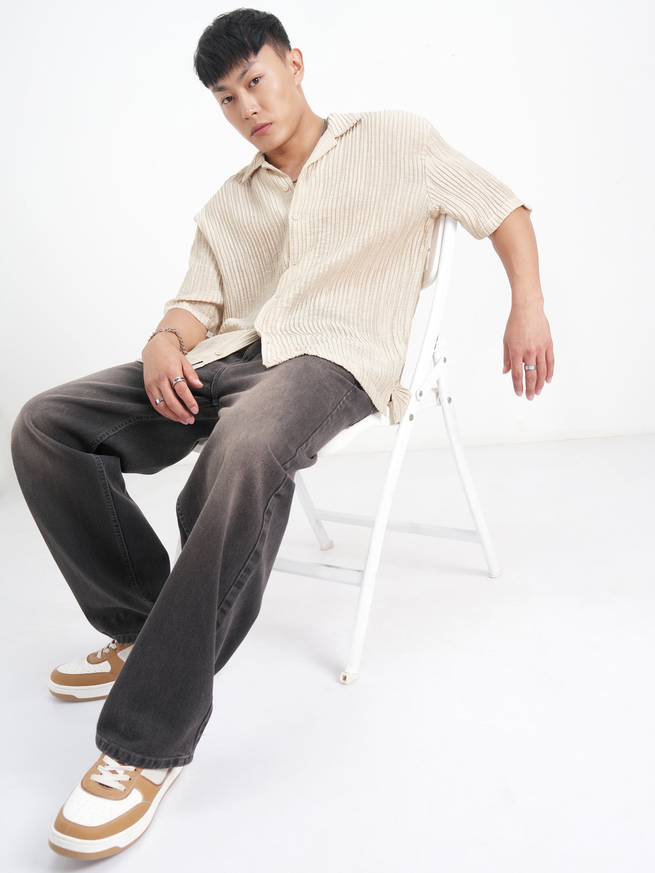 Highlander Men Cream Crushed Relaxed Fit Casual Shirt - Cream - Image 2
