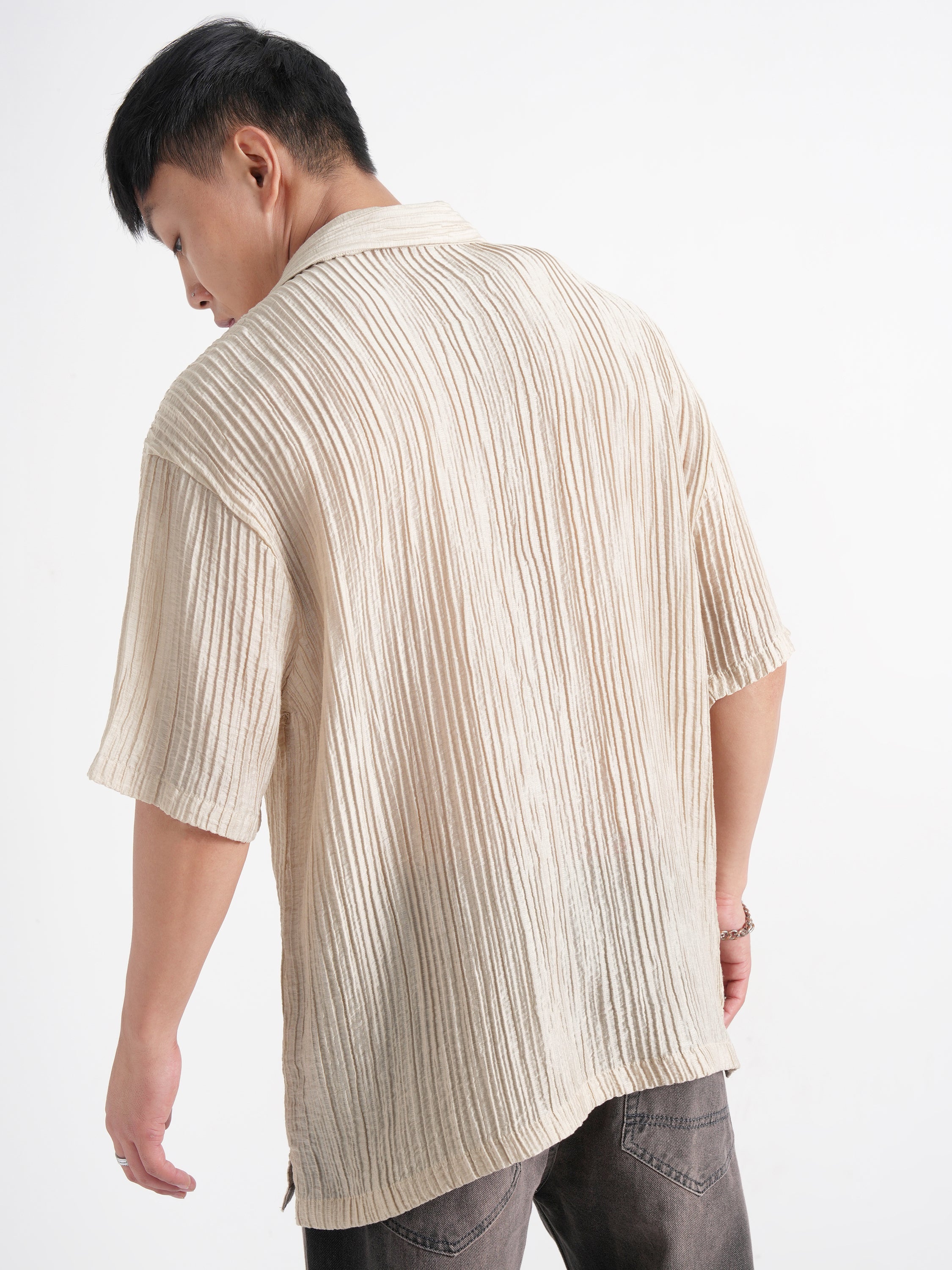 Highlander Men Cream Crushed Relaxed Fit Casual Shirt - Cream - Image 3