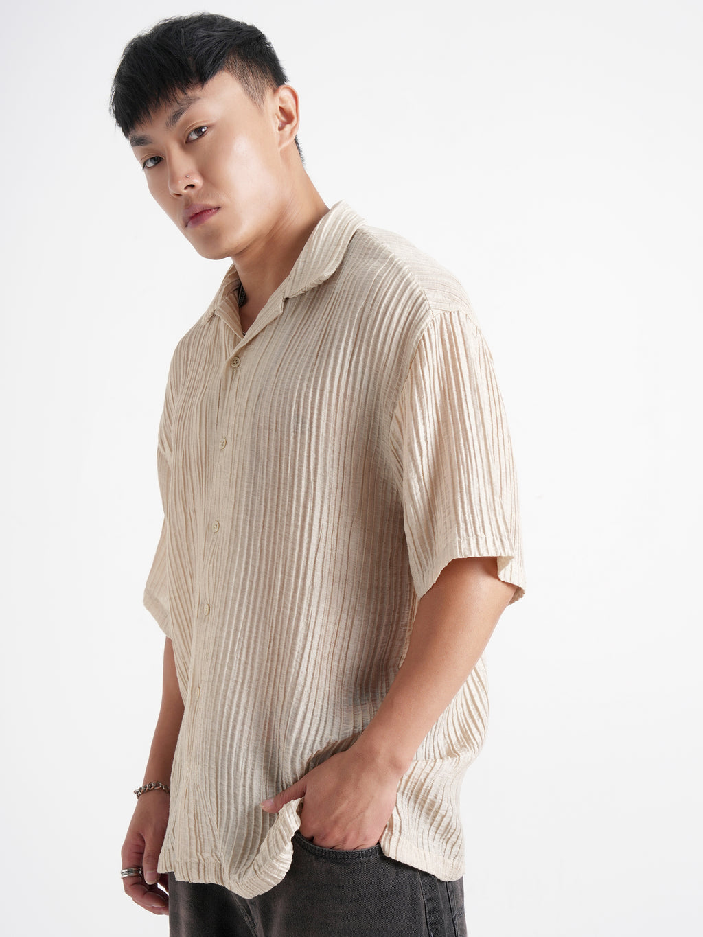 Highlander Men Cream Crushed Relaxed Fit Casual Shirt - Cream - Image 4