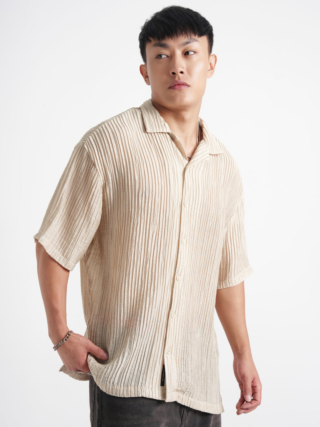 Highlander Men Cream Crushed Relaxed Fit Casual Shirt - Cream - Image 6