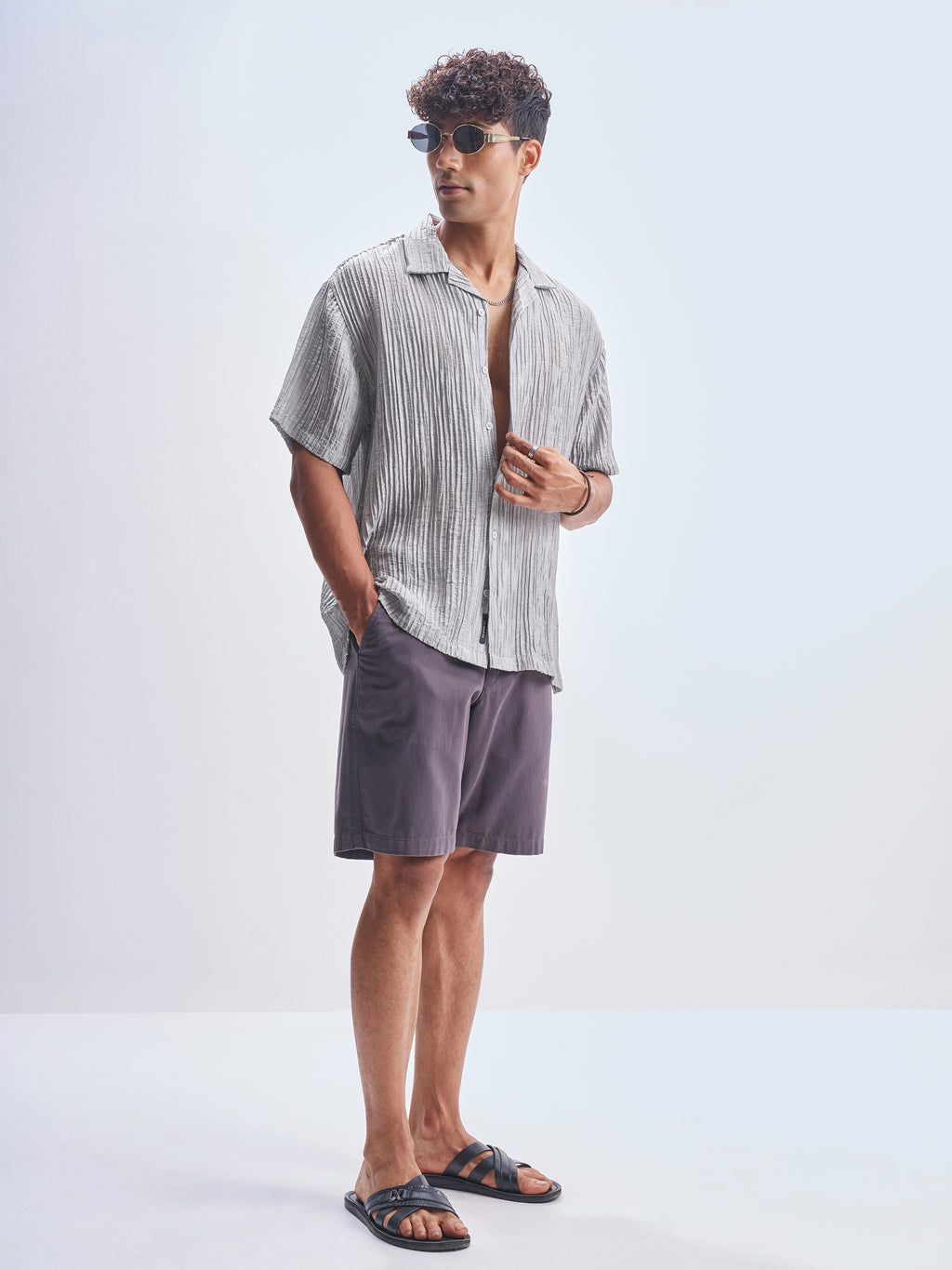 Highlander Men Grey Crushed Relaxed Fit Casual Shirt - Grey - Image 2