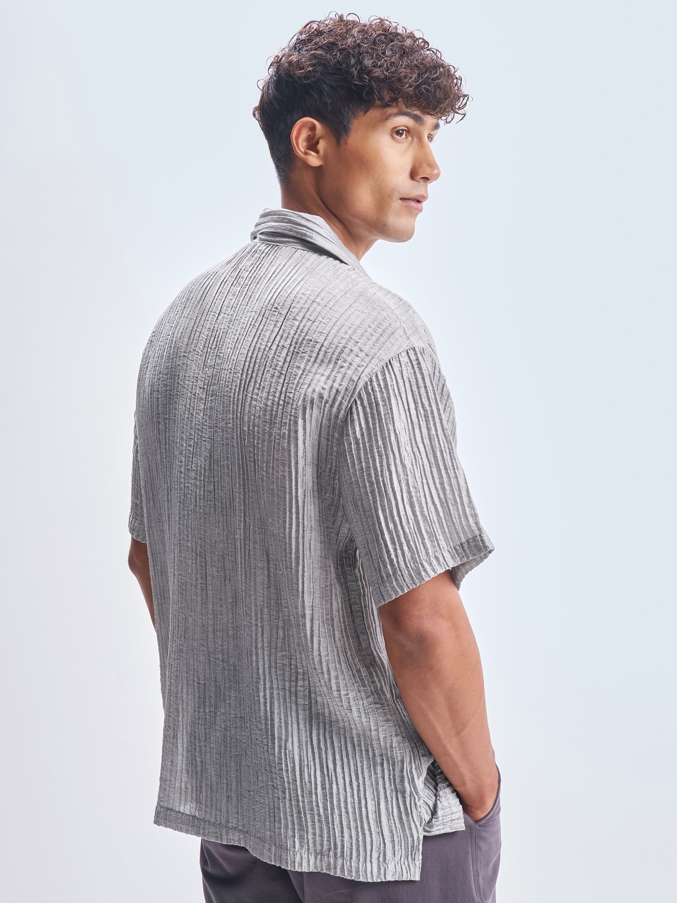 Highlander Men Grey Crushed Relaxed Fit Casual Shirt - Grey - Image 3