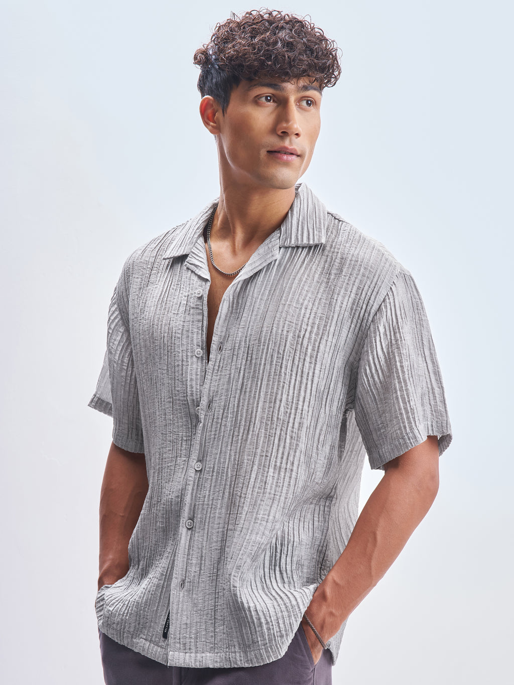 Highlander Men Grey Crushed Relaxed Fit Casual Shirt - Grey - Image 4