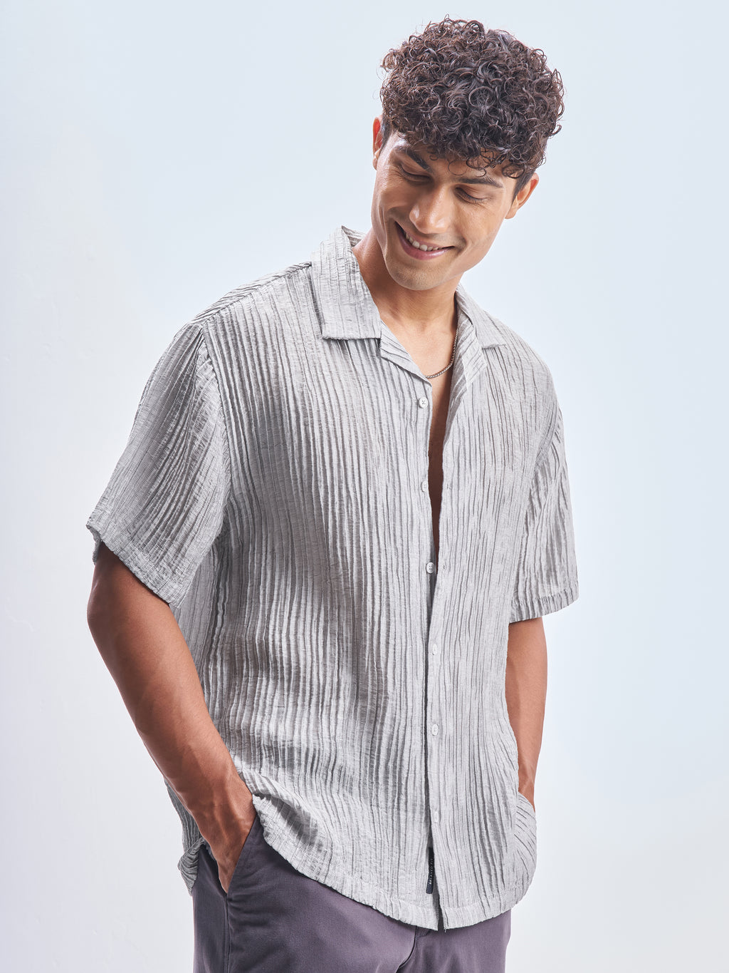 Highlander Men Grey Crushed Relaxed Fit Casual Shirt - Grey - Image 6