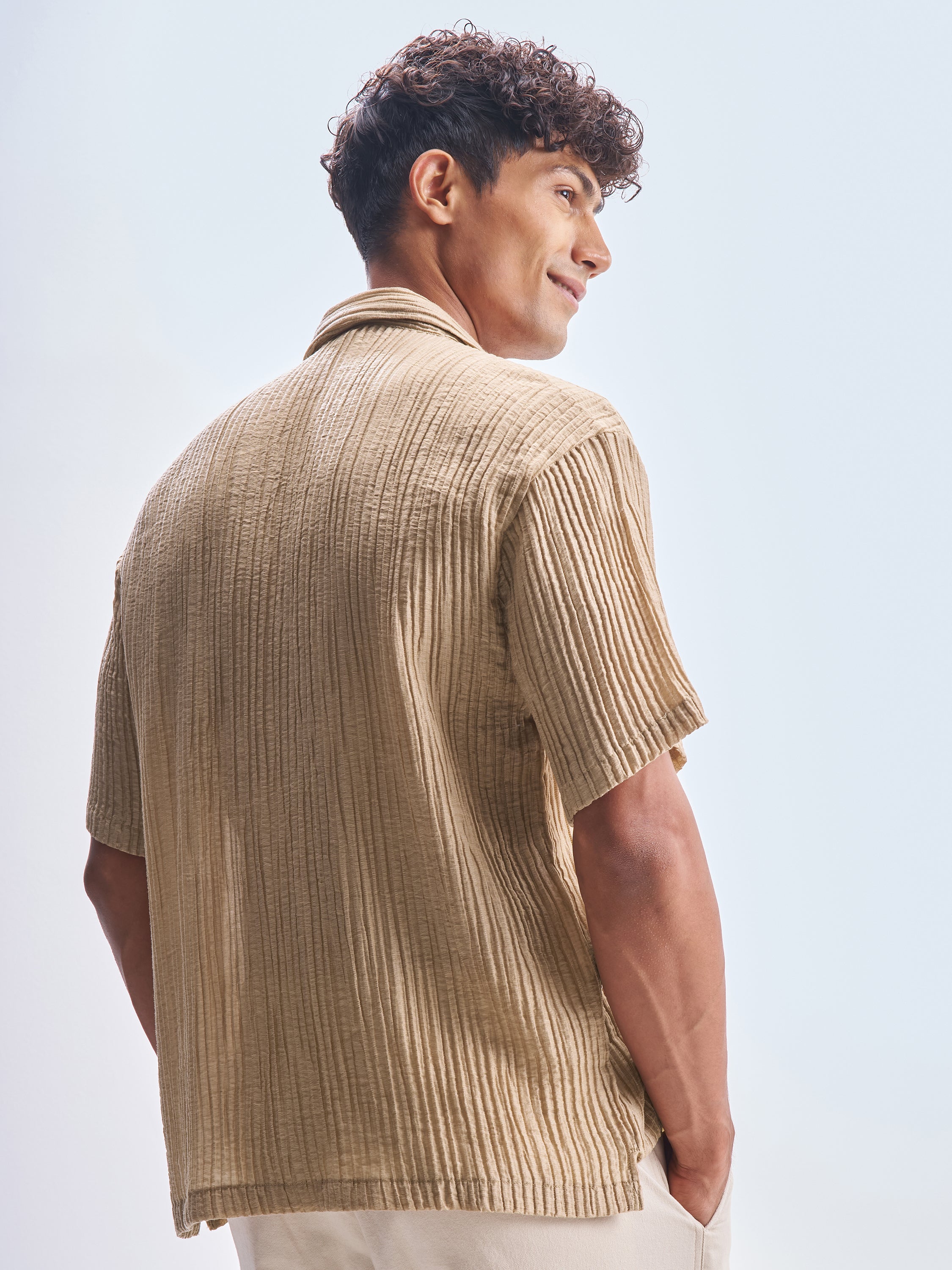 Highlander Men Beige Self Design Relaxed Fit Casual Shirt - Beige - Image 3