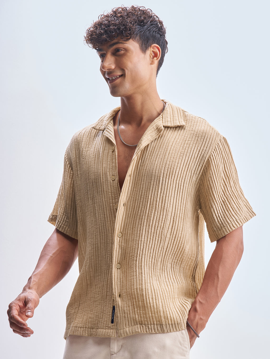 Highlander Men Beige Self Design Relaxed Fit Casual Shirt - Beige - Image 4
