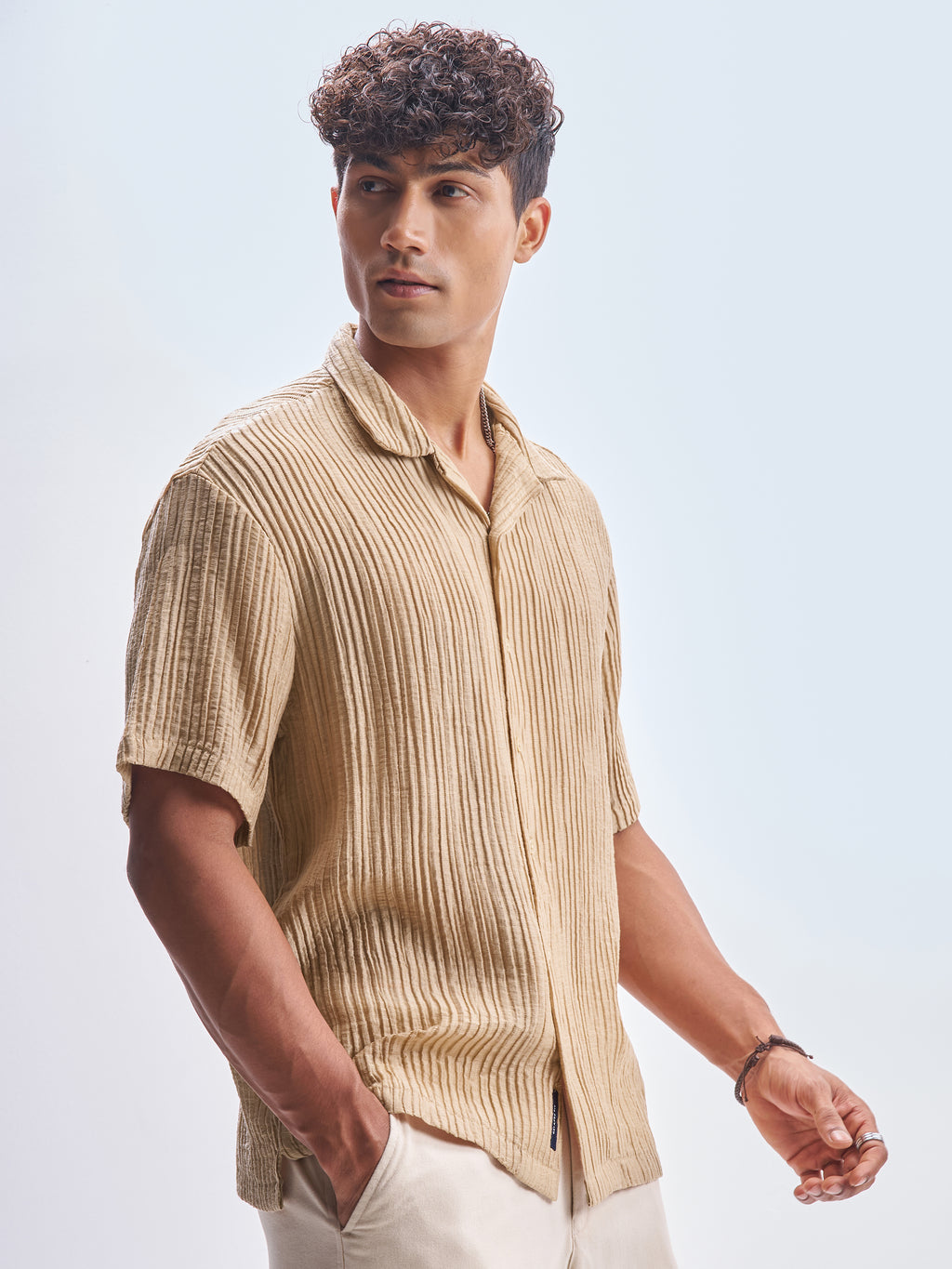 Highlander Men Beige Self Design Relaxed Fit Casual Shirt - Beige - Image 6