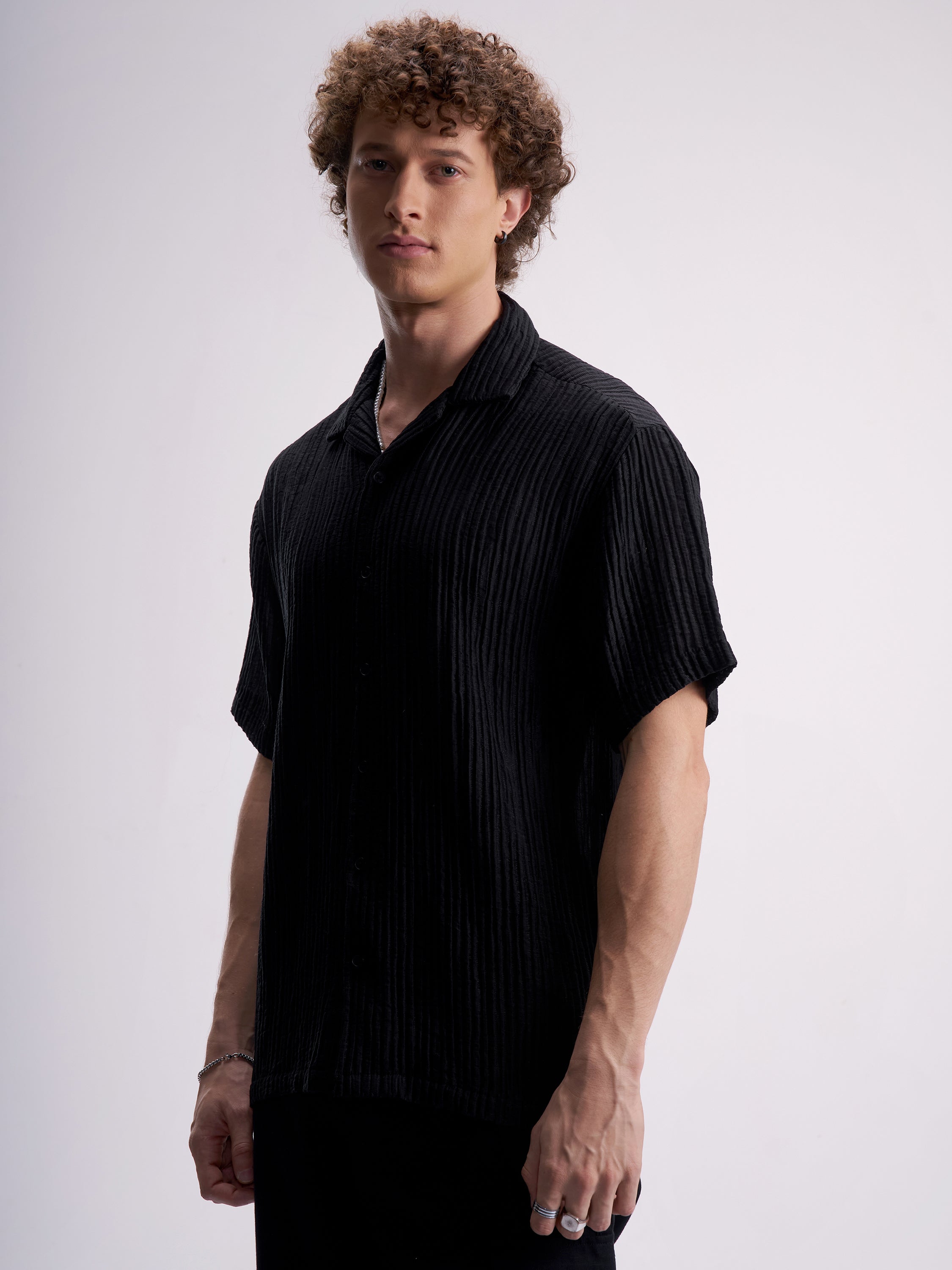 Highlander Men Black Self Design Relaxed Fit Casual Shirt - Black - Image 4