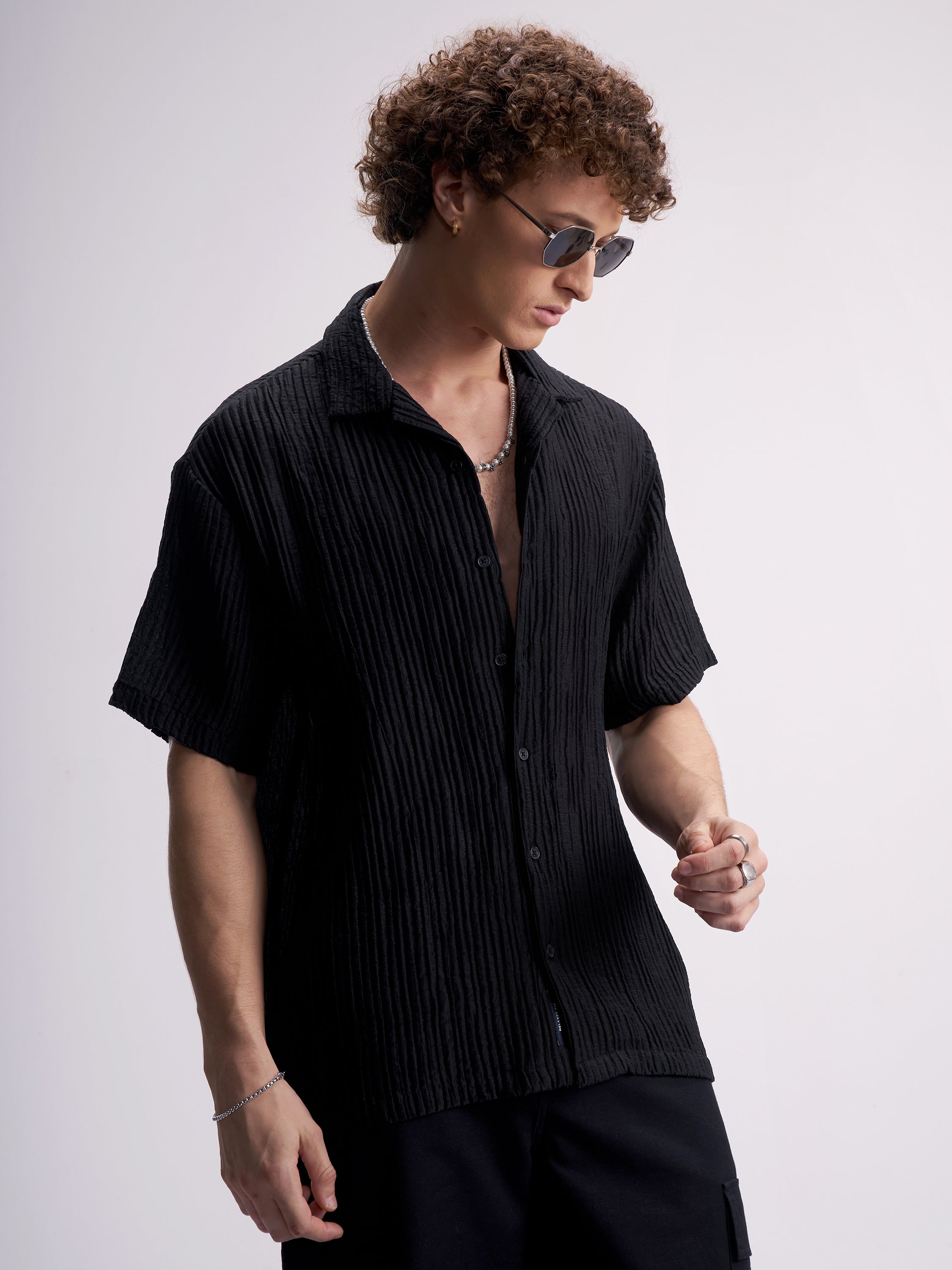Highlander Men Black Self Design Relaxed Fit Casual Shirt - Black - Image 6