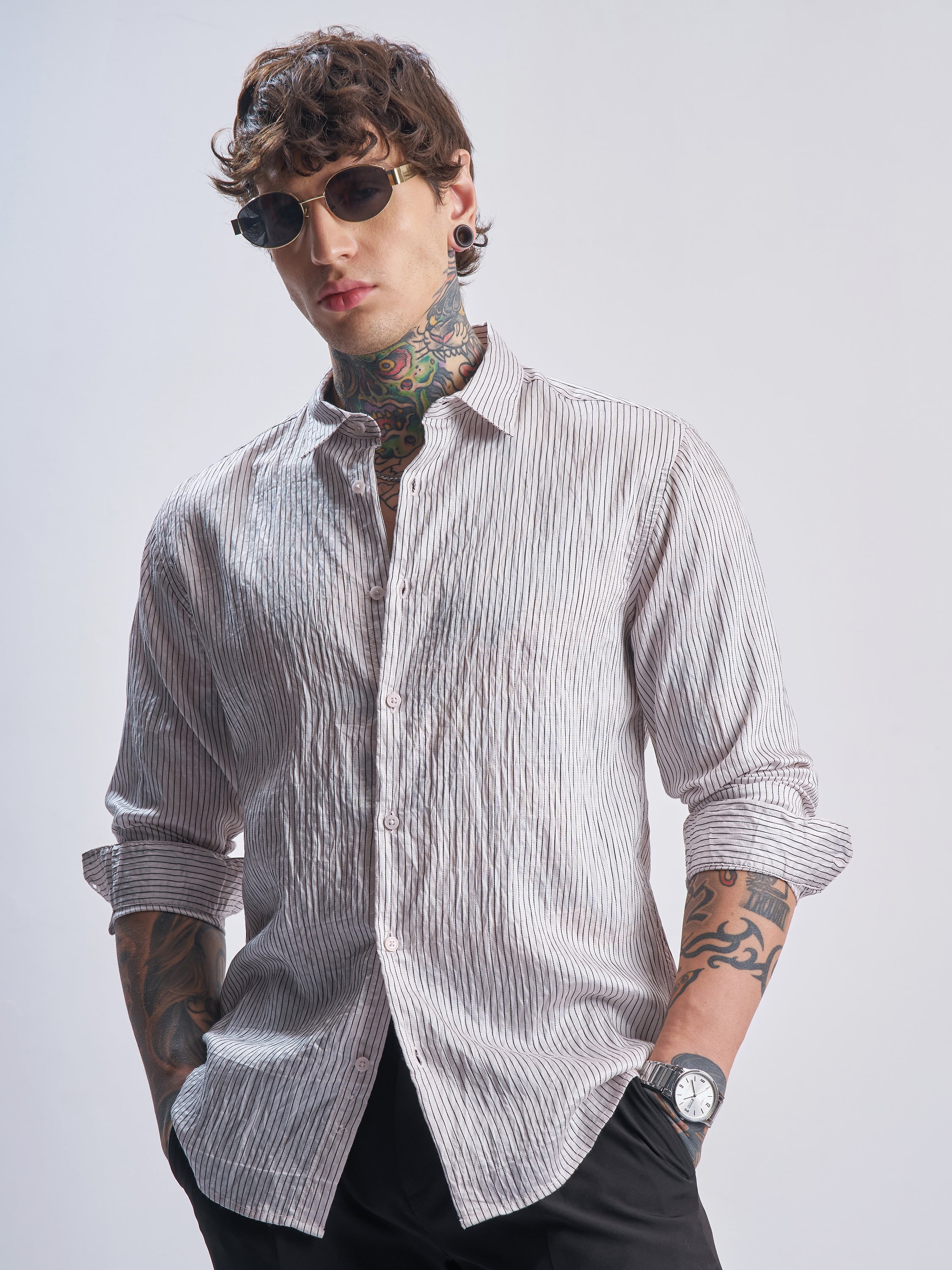 Highlander Men White Striped Slim Fit Casual Shirt - White - Image 1
