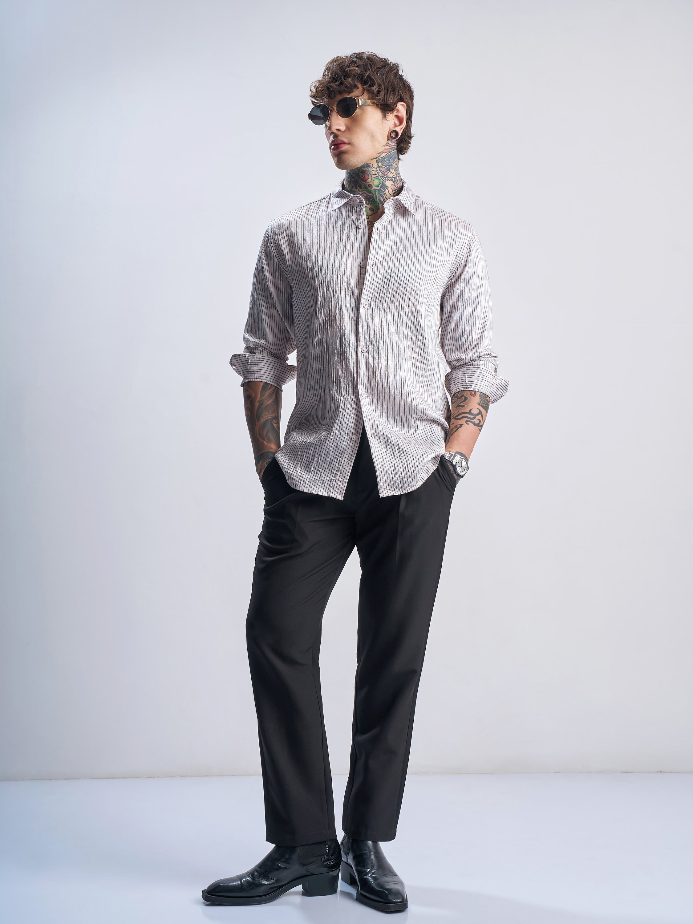 Highlander Men White Striped Slim Fit Casual Shirt - White - Image 2