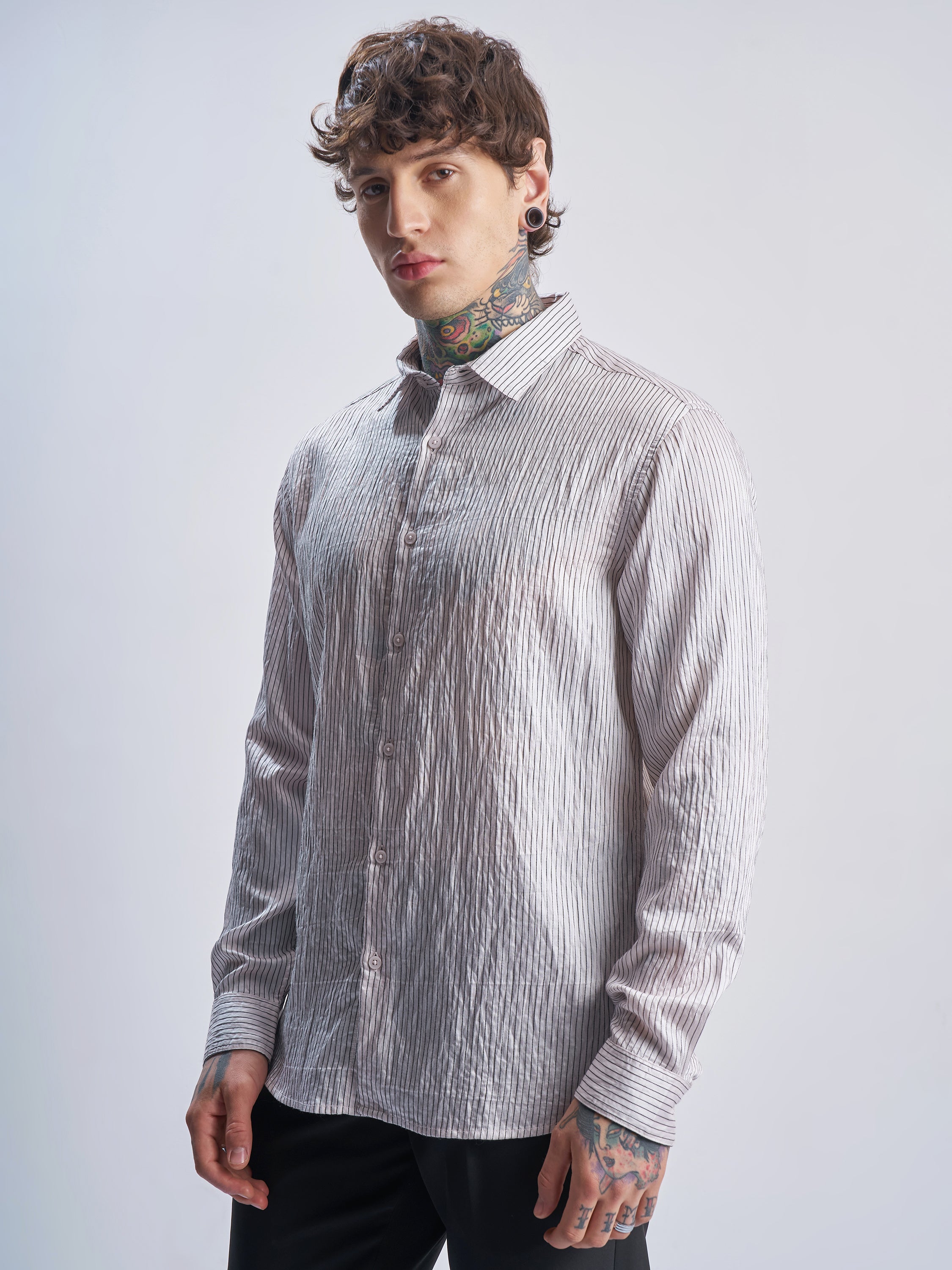 Highlander Men White Striped Slim Fit Casual Shirt - White - Image 4