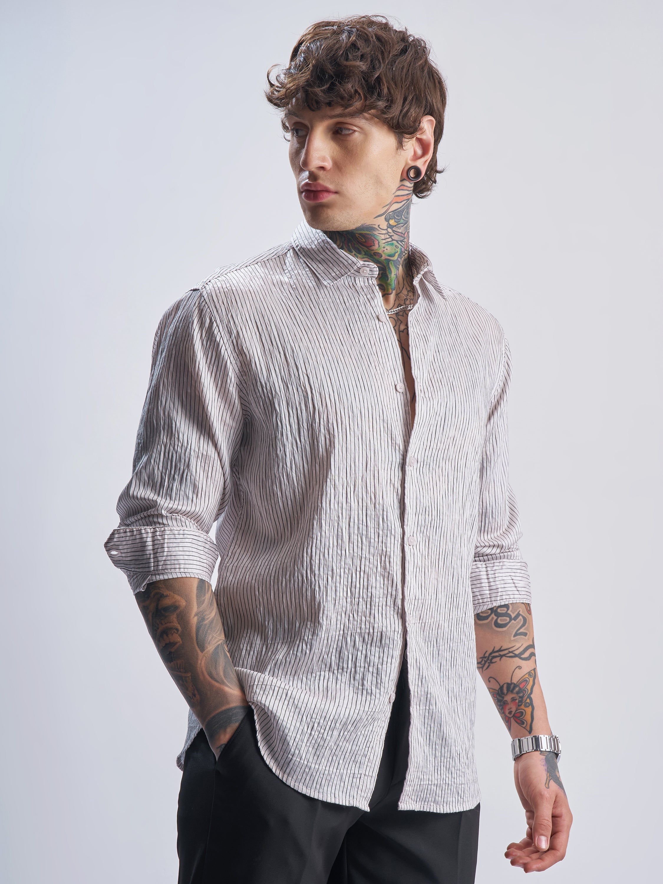 Highlander Men White Striped Slim Fit Casual Shirt - White - Image 6