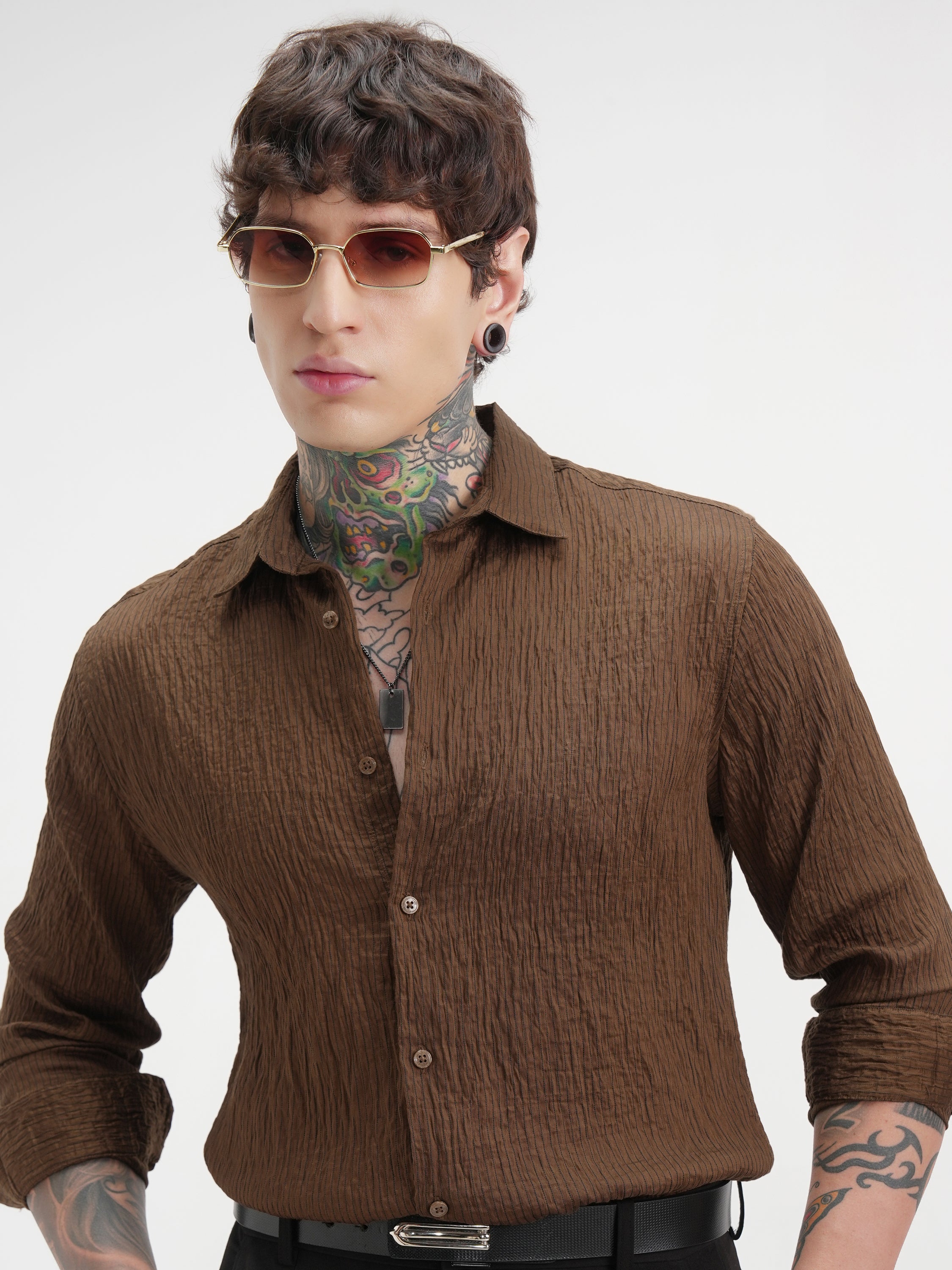 Highlander Men Brown Self Design Slim Fit Casual Shirt - Brown - Image 1