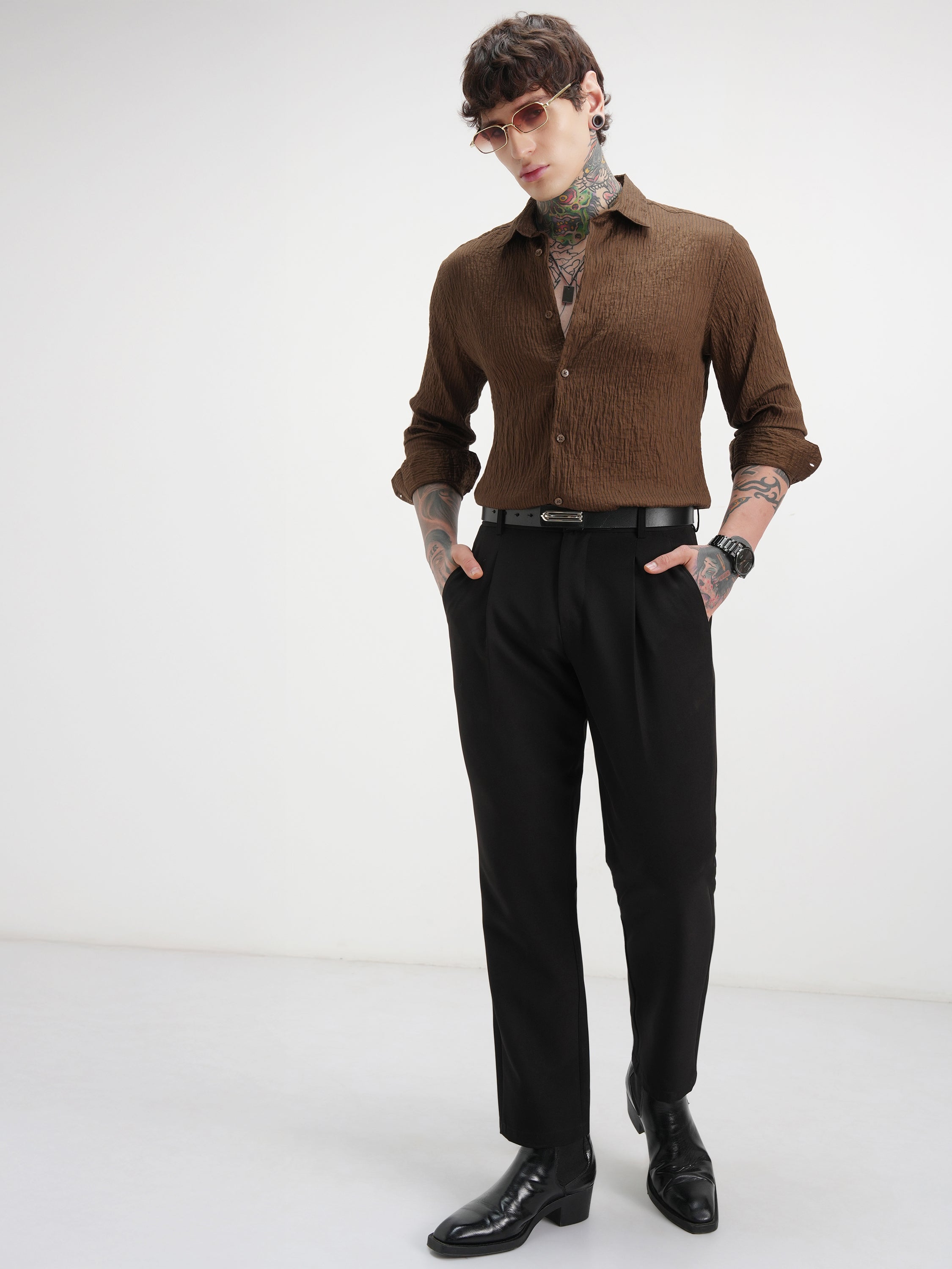 Highlander Men Brown Self Design Slim Fit Casual Shirt - Brown - Image 2