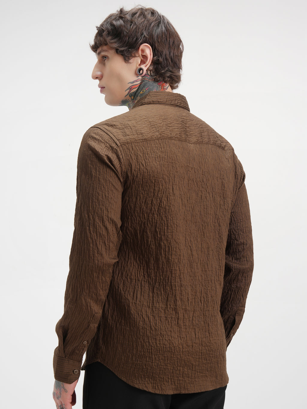 Highlander Men Brown Self Design Slim Fit Casual Shirt - Brown - Image 3