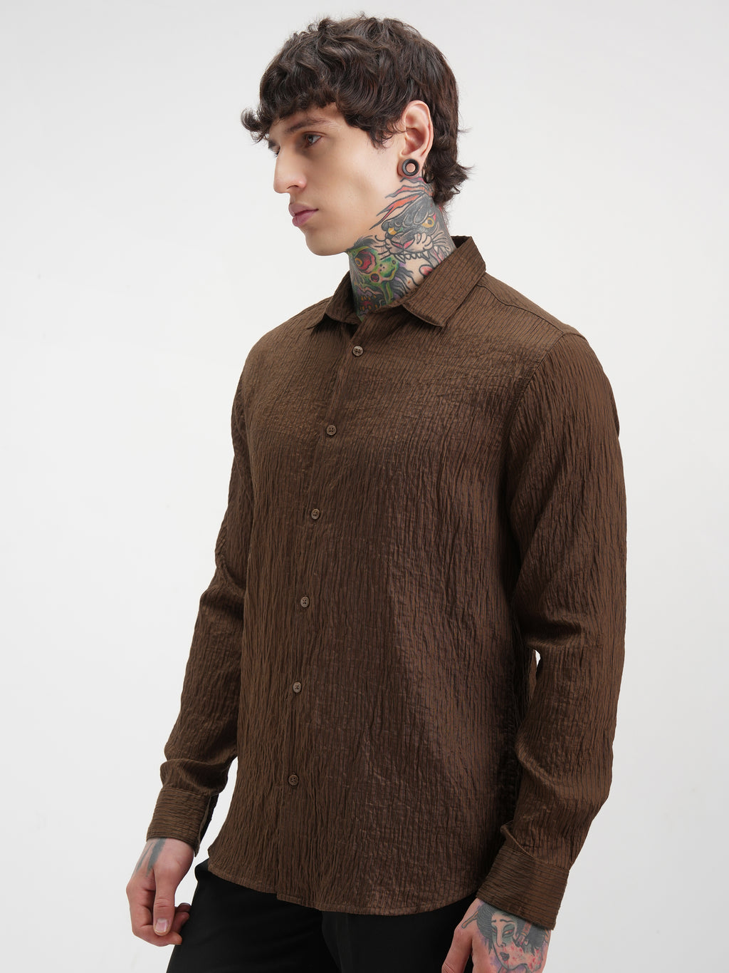 Highlander Men Brown Self Design Slim Fit Casual Shirt - Brown - Image 4