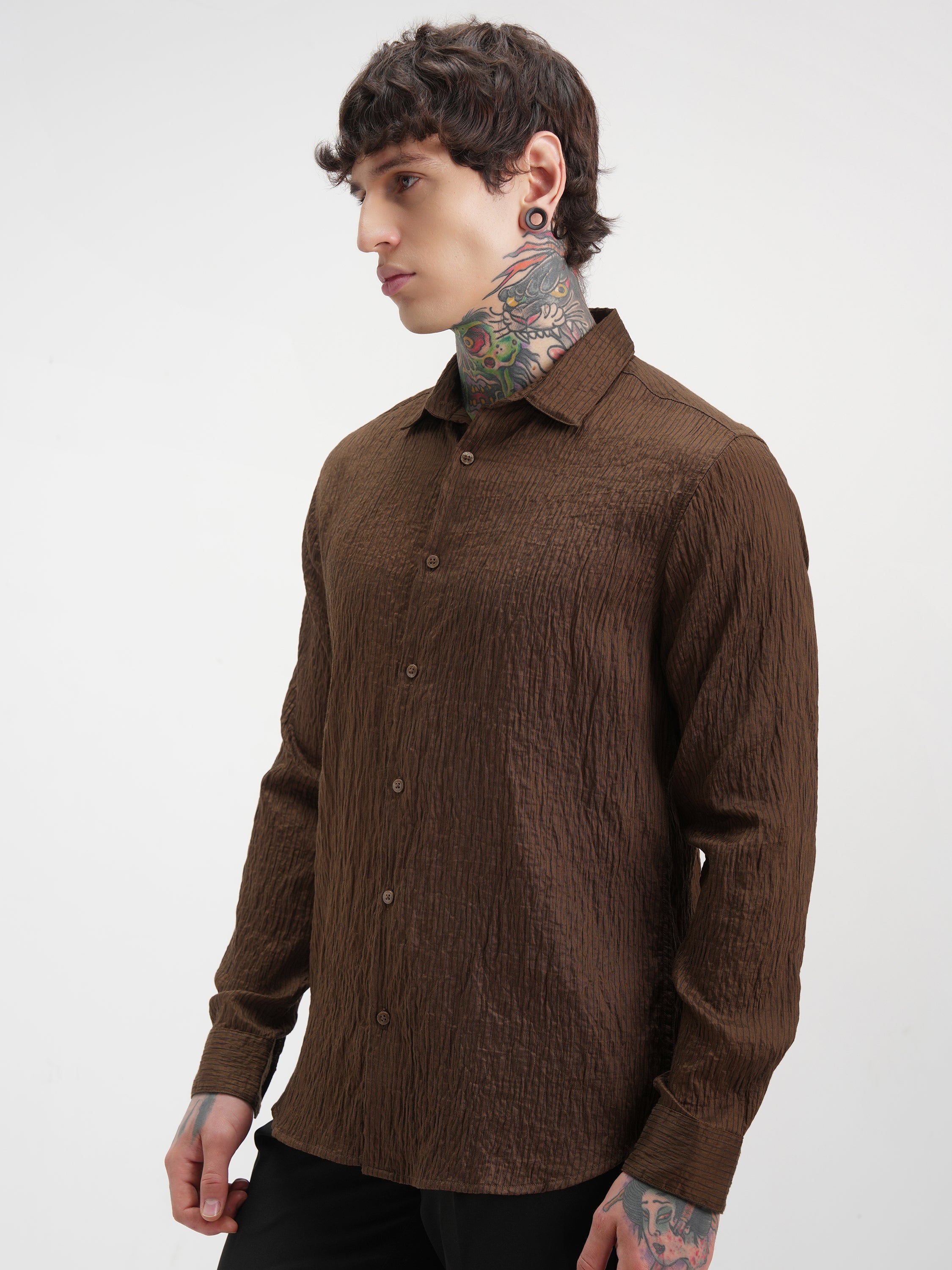Highlander Men Brown Self Design Slim Fit Casual Shirt - Brown - Image 4