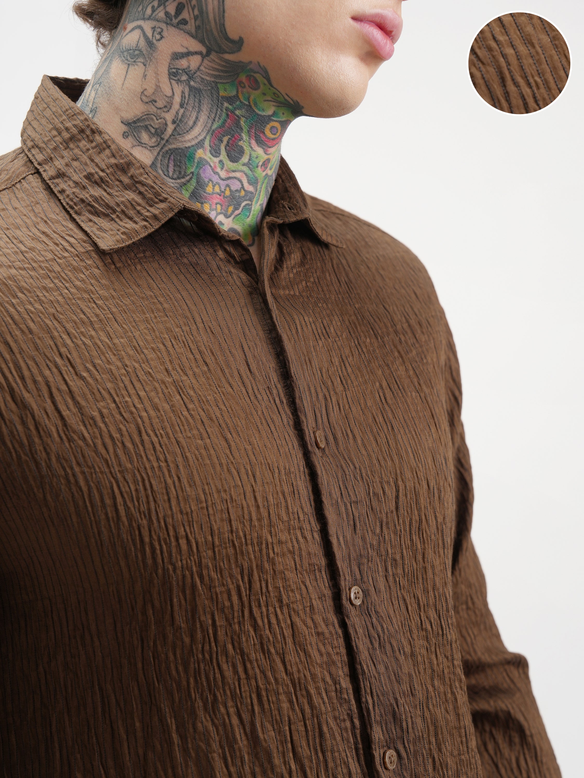 Highlander Men Brown Self Design Slim Fit Casual Shirt - Brown - Image 5