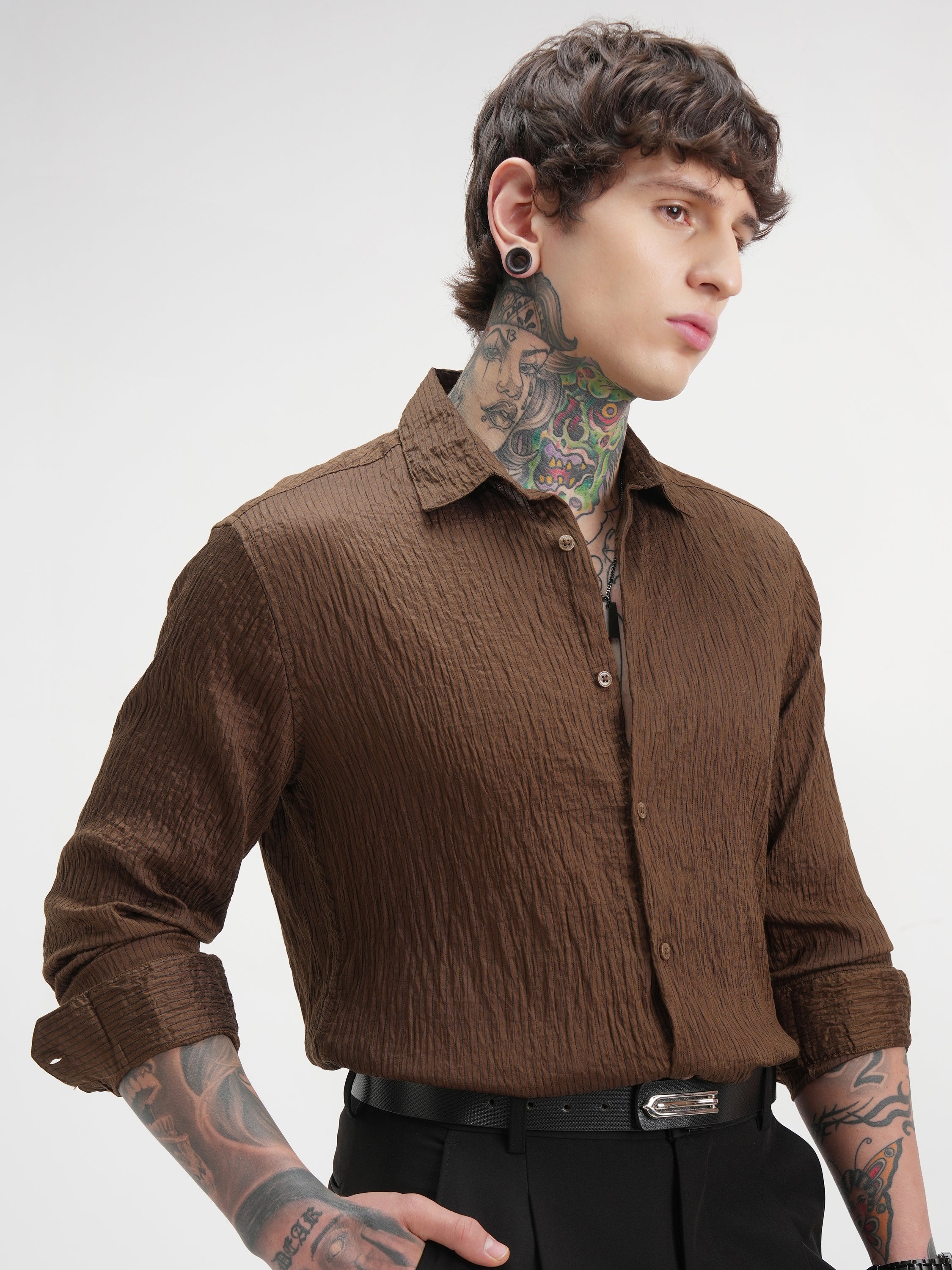Highlander Men Brown Self Design Slim Fit Casual Shirt - Brown - Image 6