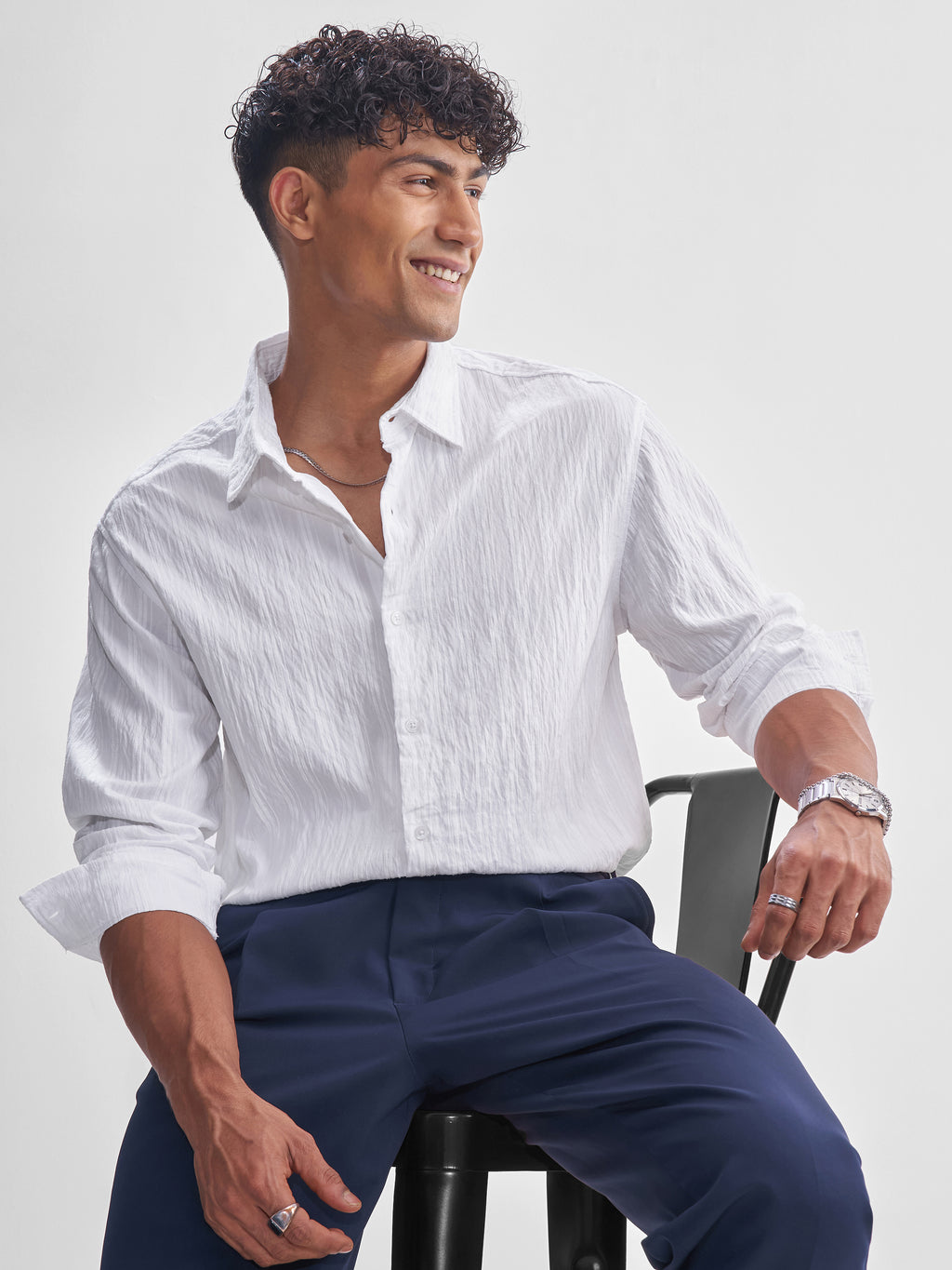 Highlander Men White Crushed Relaxed Fit Casual Shirt - White - Image 1