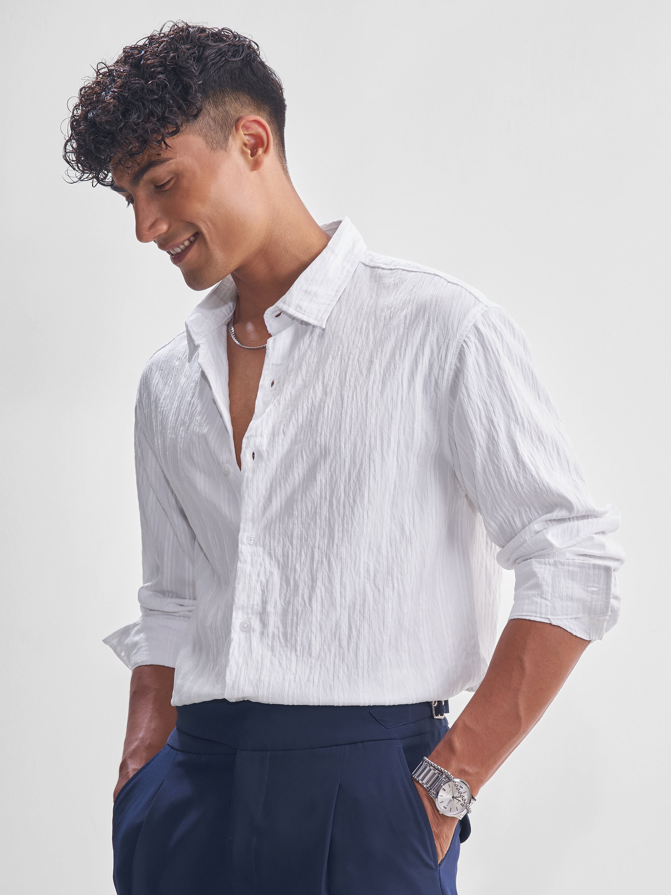 Highlander Men White Crushed Relaxed Fit Casual Shirt - White - Image 4