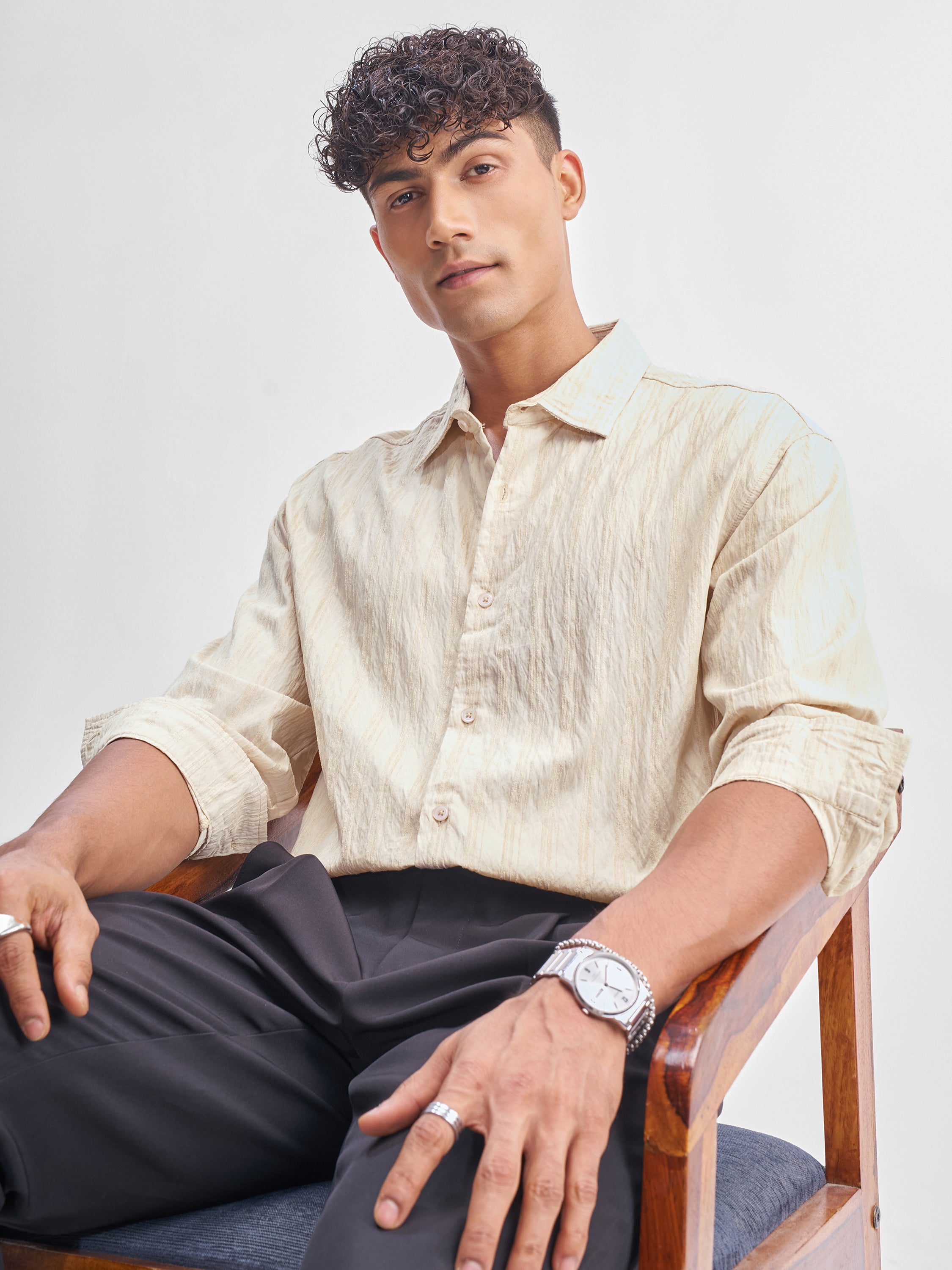 Highlander Men Beige Crushed Relaxed Fit Casual Shirt - Beige - Image 1