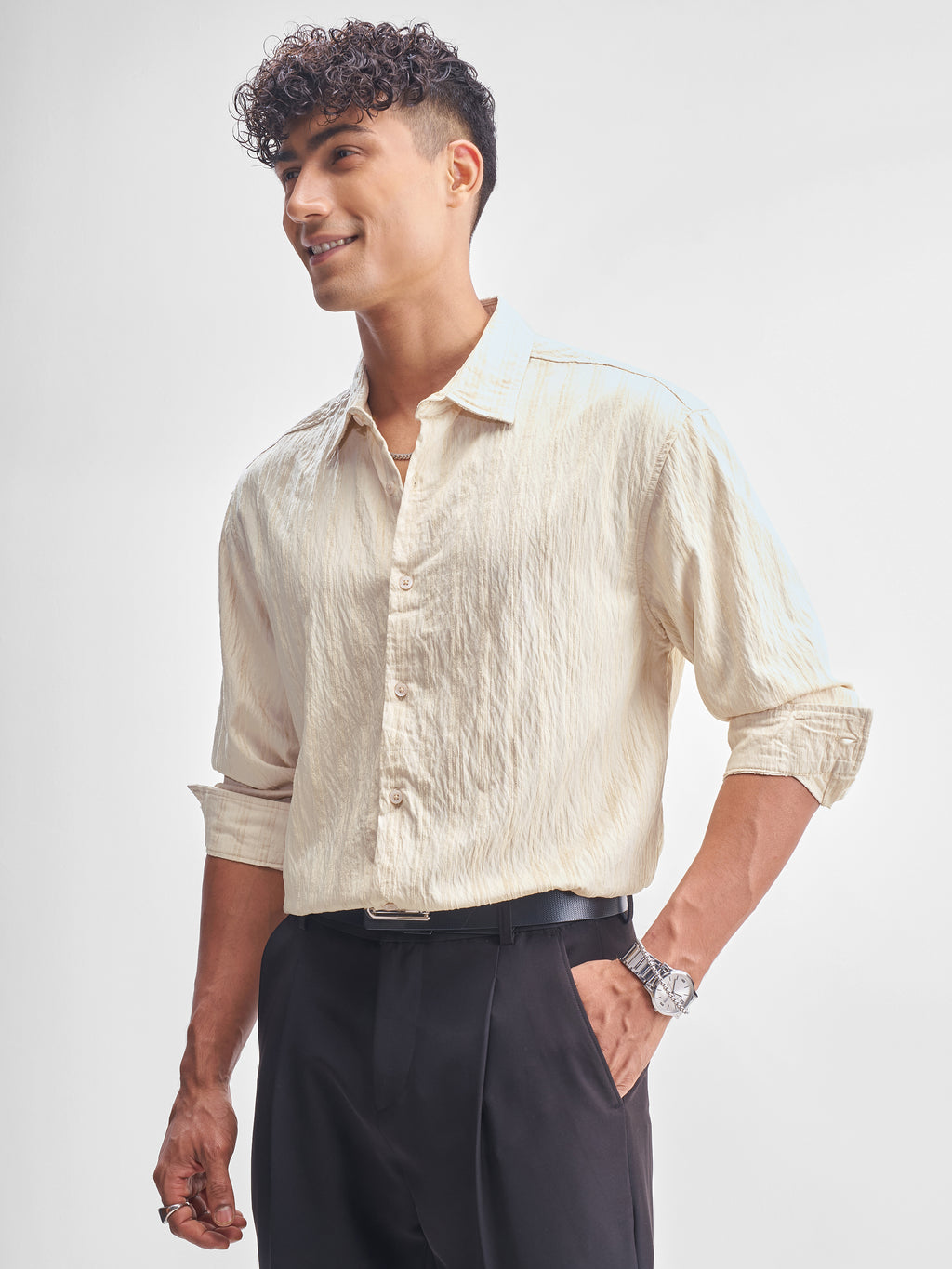 Highlander Men Beige Crushed Relaxed Fit Casual Shirt - Beige - Image 4