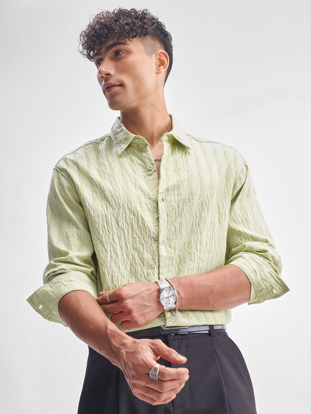 Highlander Men Green Self Design Relaxed Fit Casual Shirt - Green - Image 1