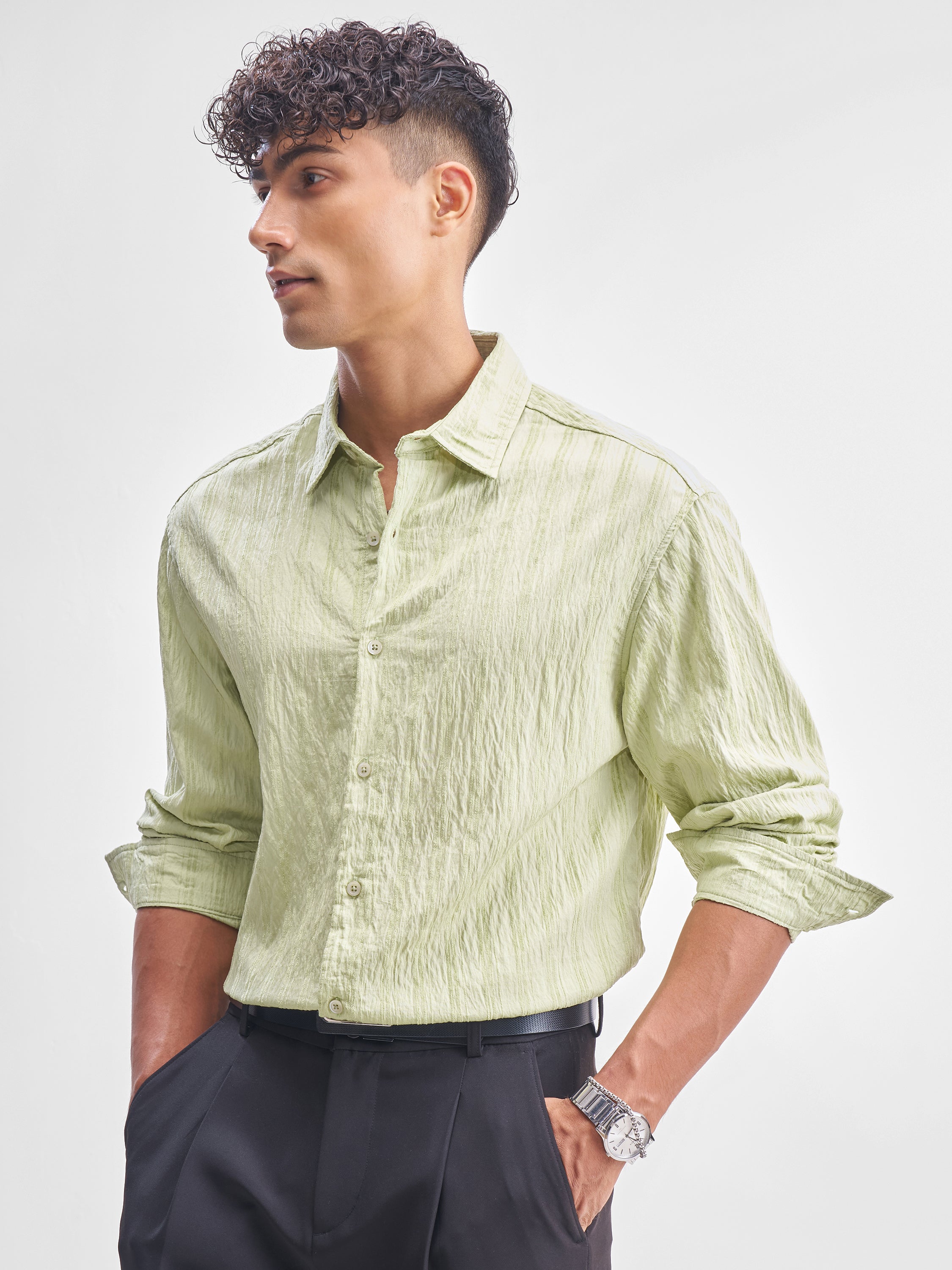 Highlander Men Green Self Design Relaxed Fit Casual Shirt - Green - Image 4