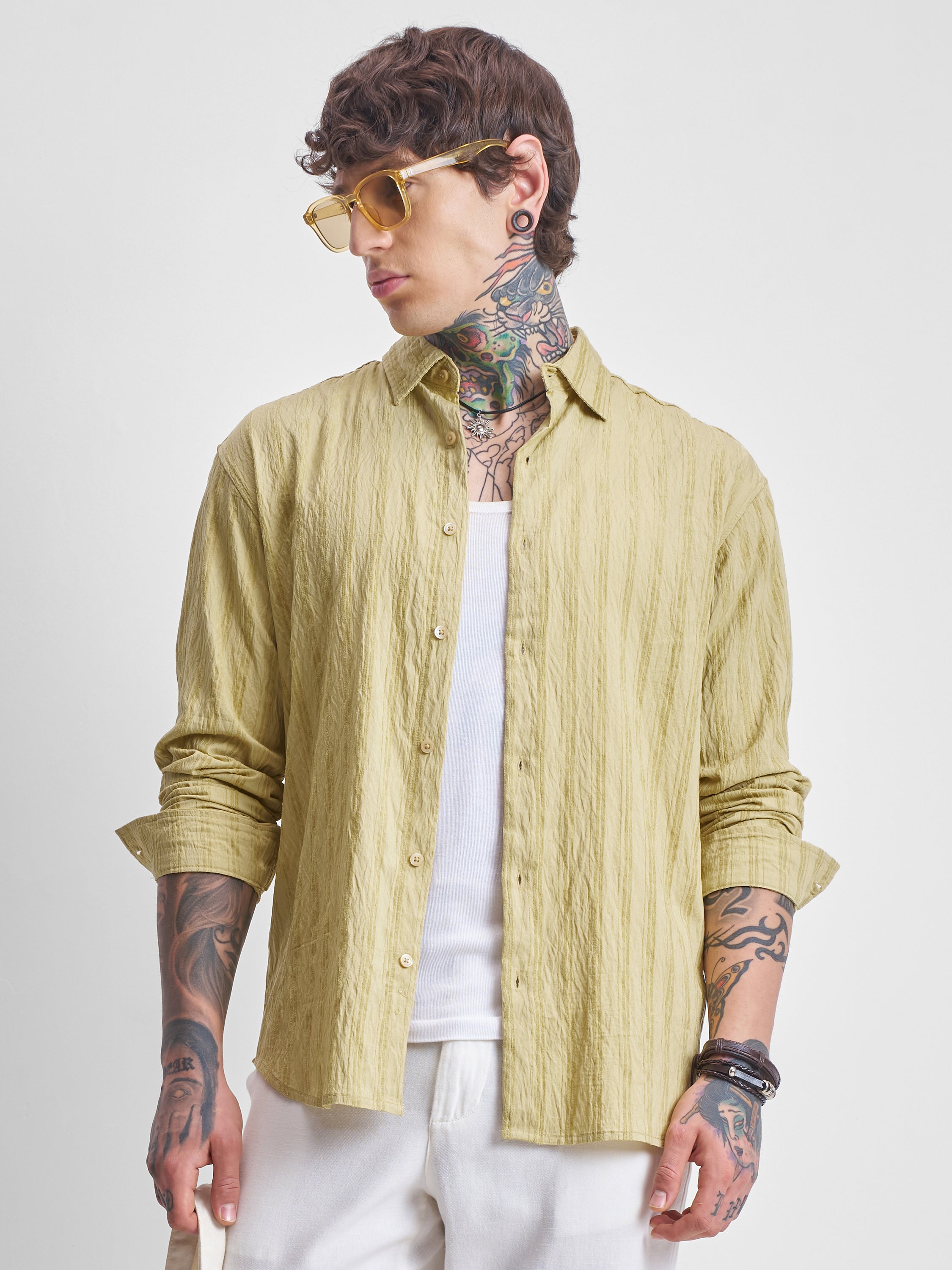 Highlander Men Yellow Self Design Relaxed Fit Casual Shirt - Yellow - Image 1
