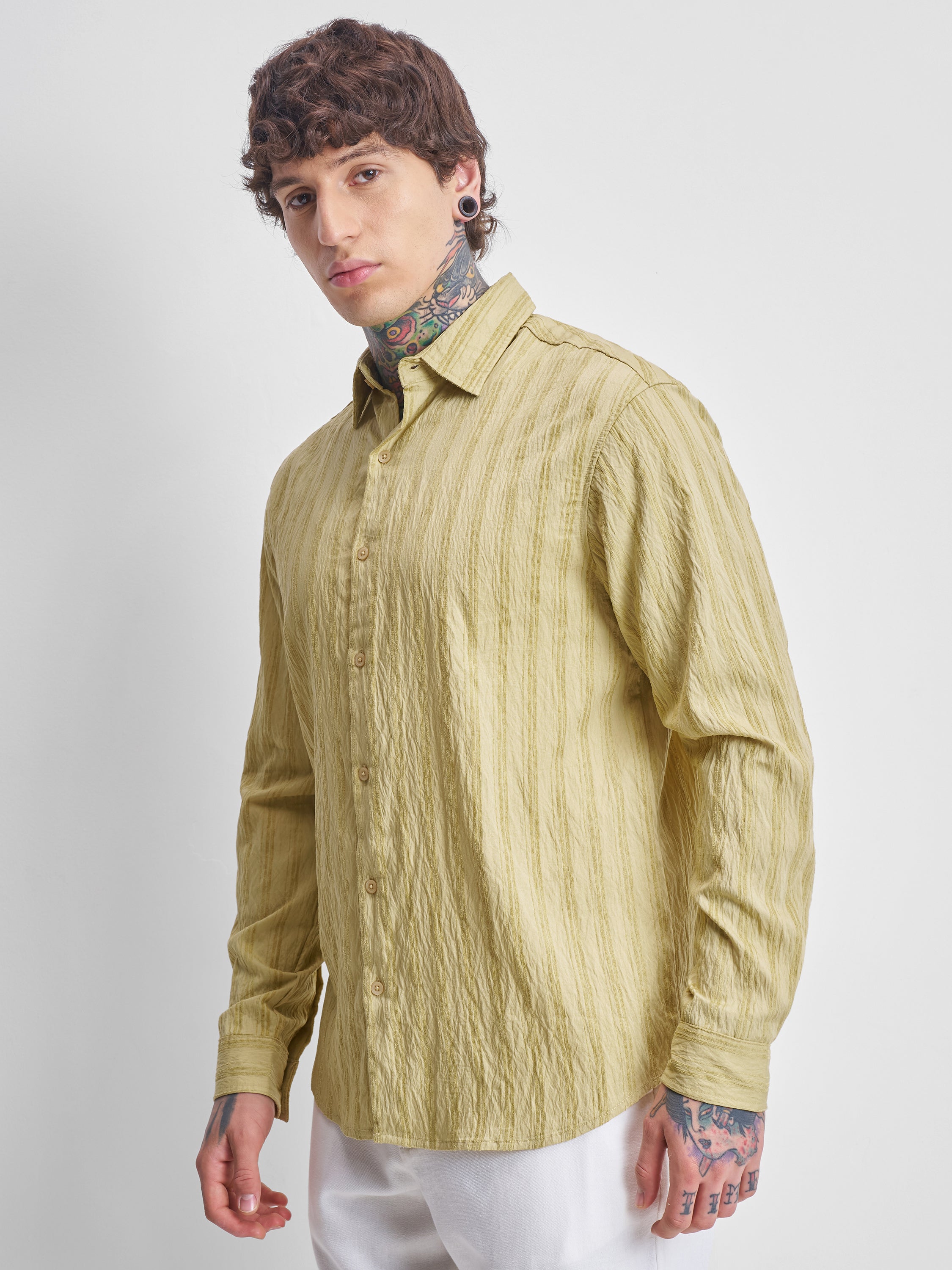 Highlander Men Yellow Self Design Relaxed Fit Casual Shirt - Yellow - Image 4