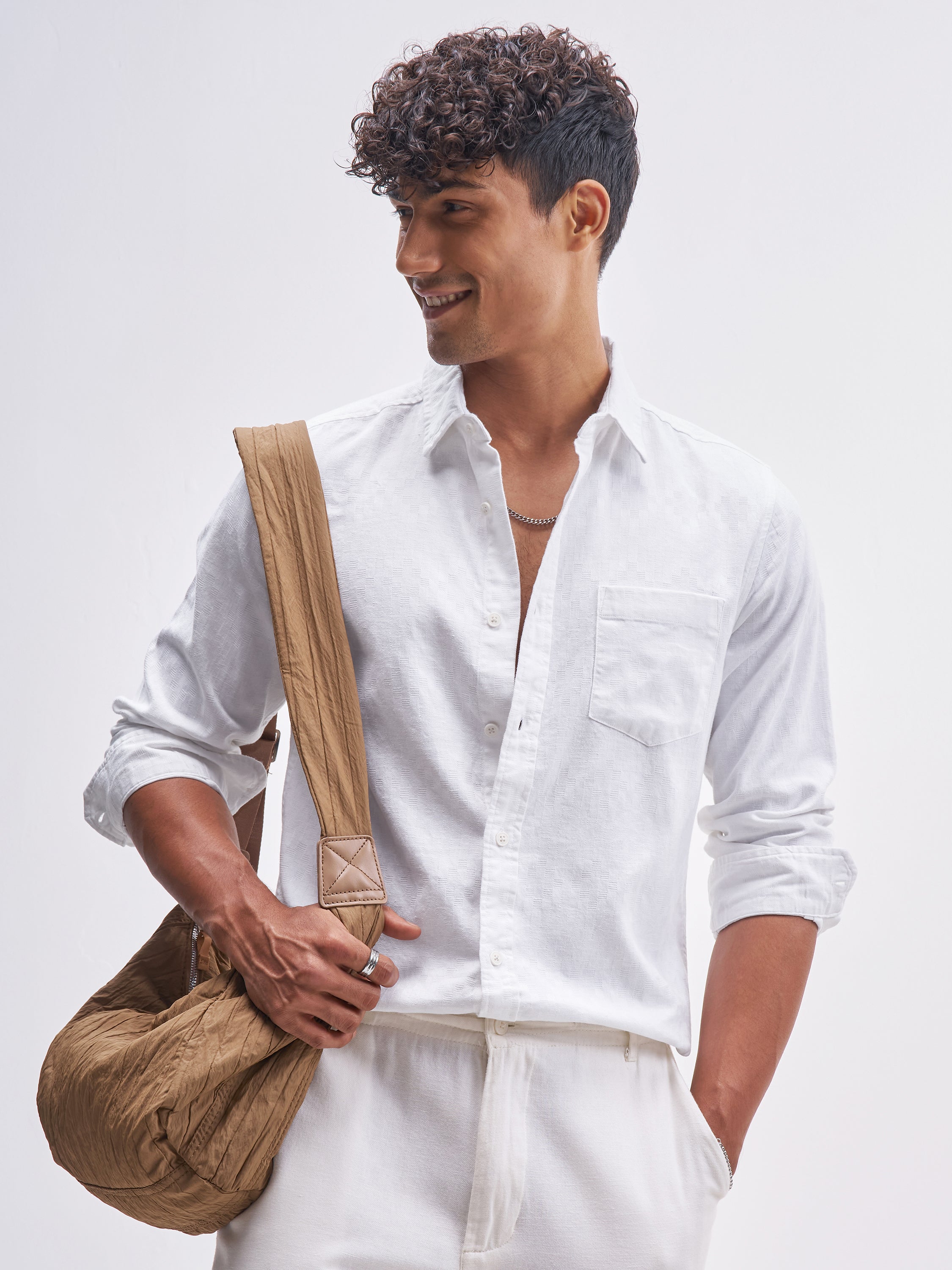 Highlander Men White Self Design Slim Fit Casual Shirt - White - Image 1